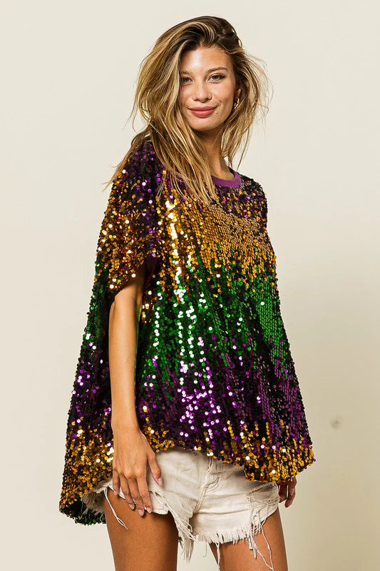 Mardi Gras Sequin Color Block Top