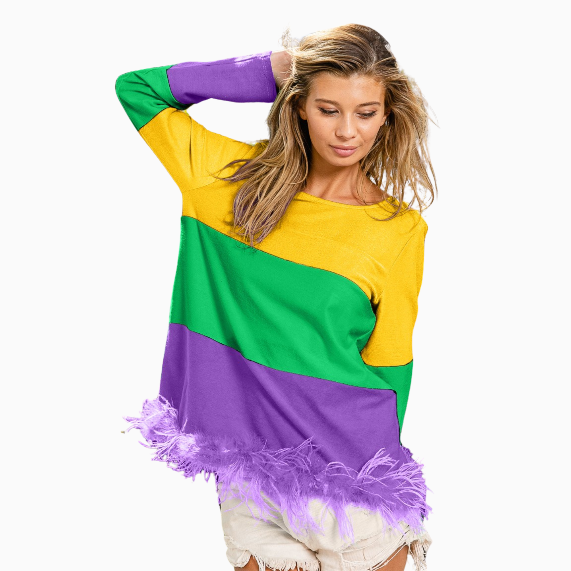 Mardi Gras Color Block Faux Feather Hem Top