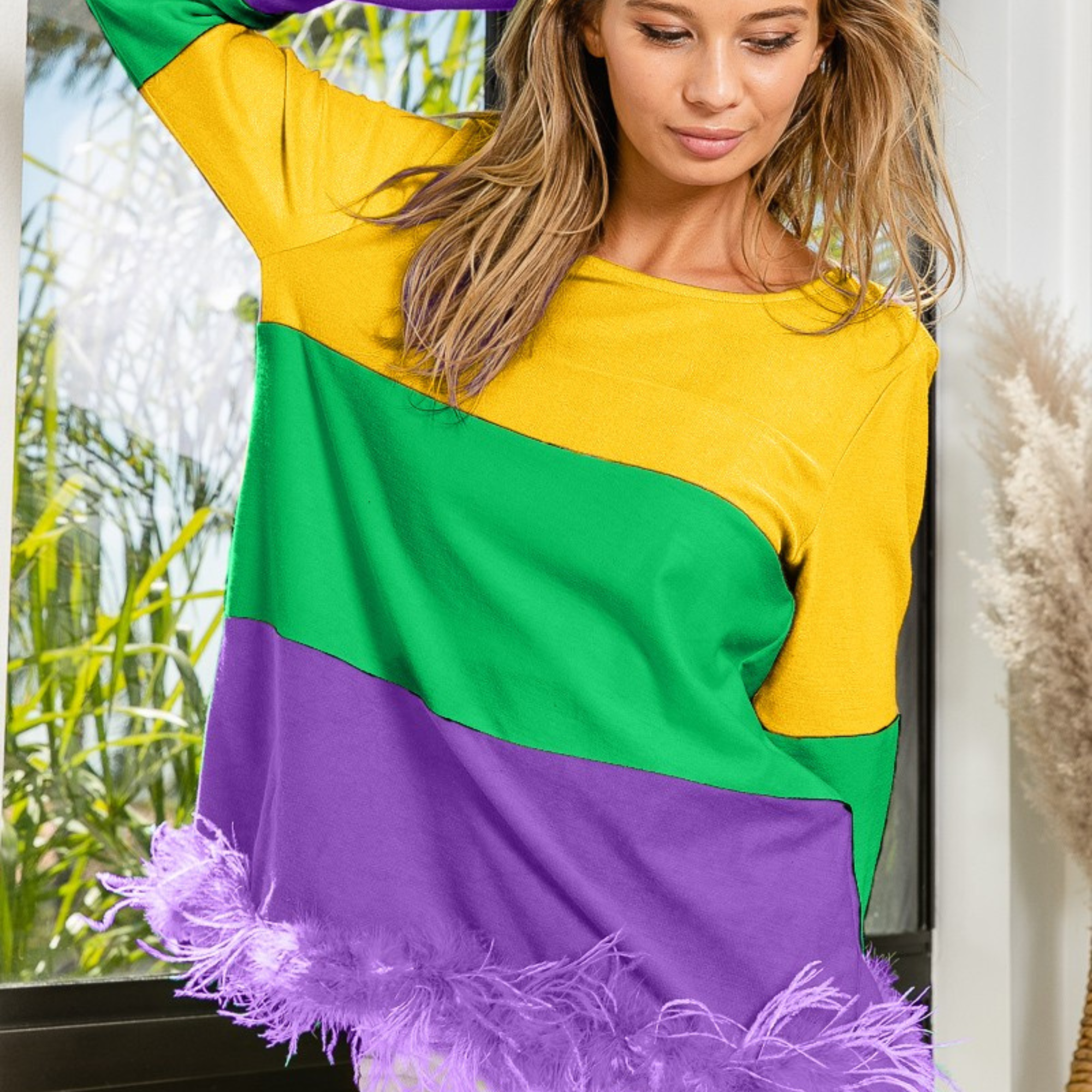 Mardi Gras Color Block Faux Feather Hem Top