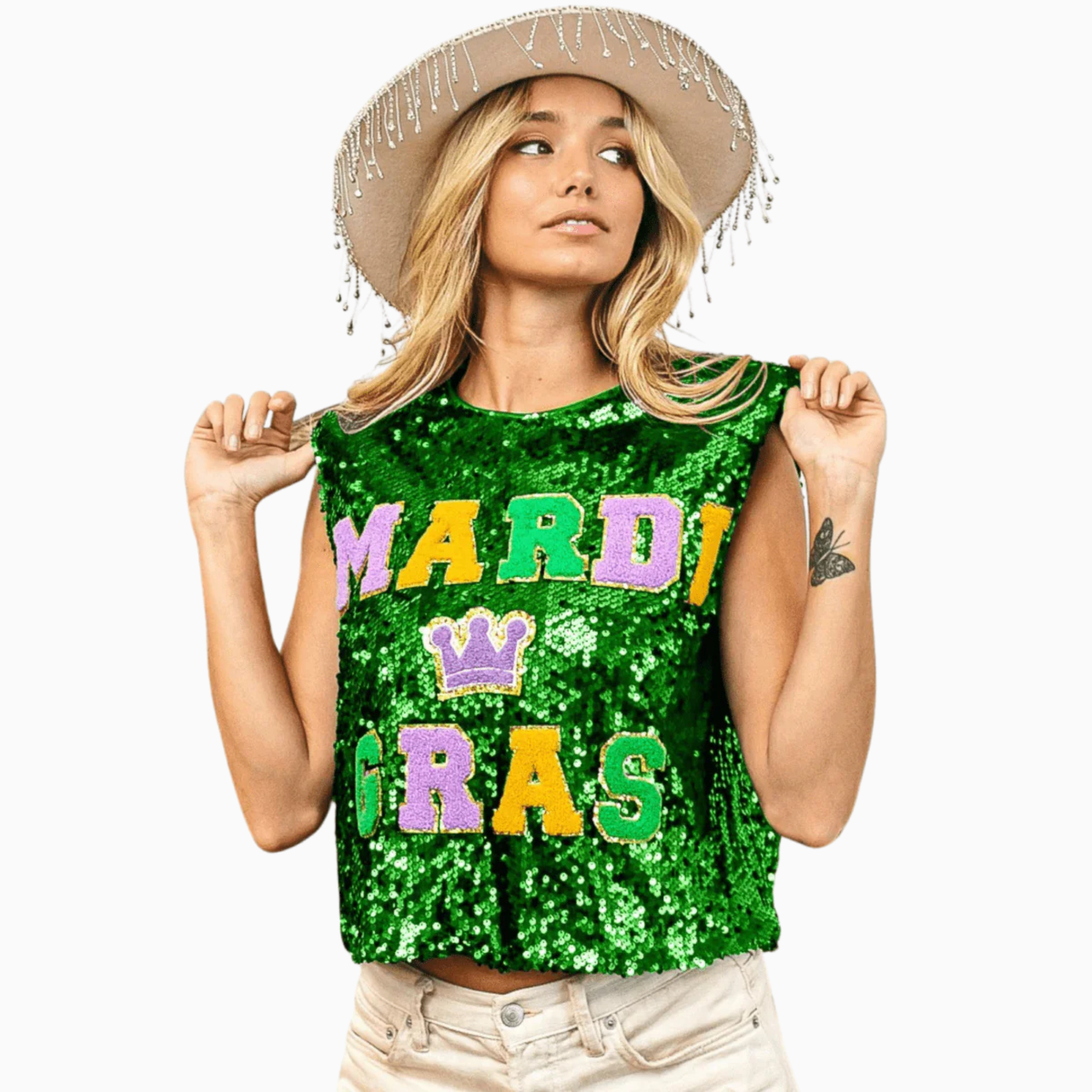Mardi Gras Letter Patches Sequin Sleeveless Green Top