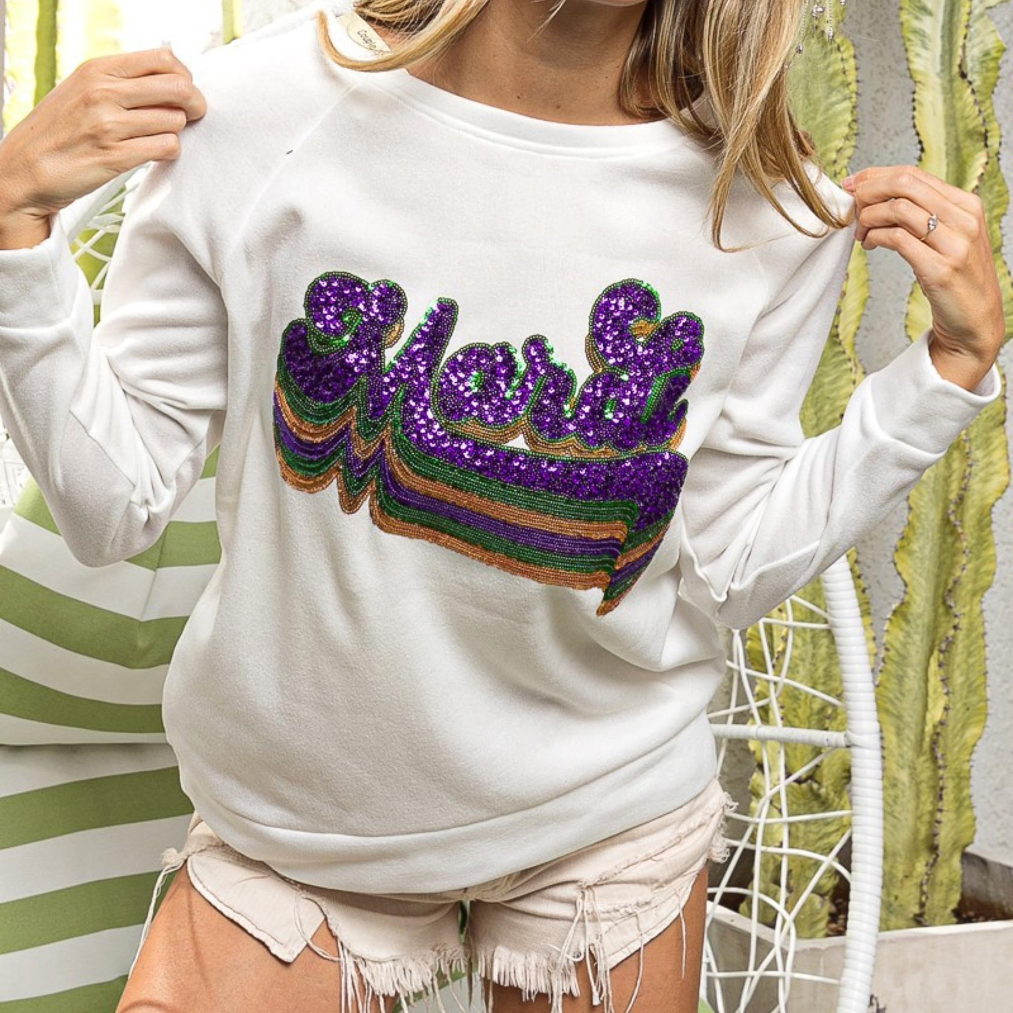 Layered Mardi Sequin Lettering Pullover