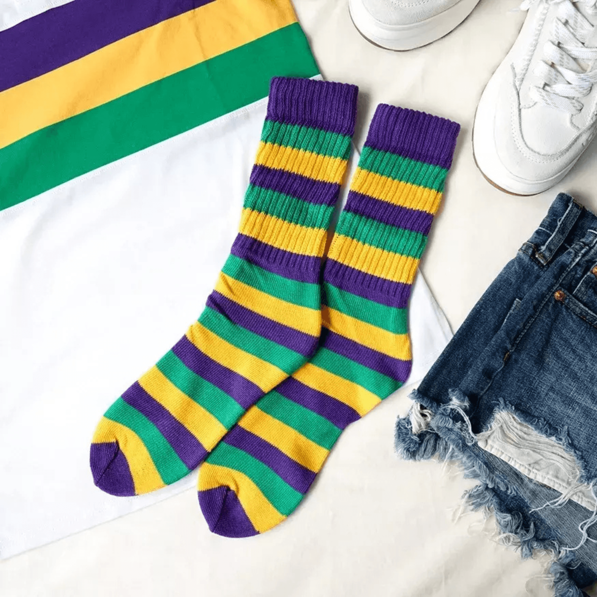 Mardi Gras Purple Yellow and Green Striped Slouch Socks