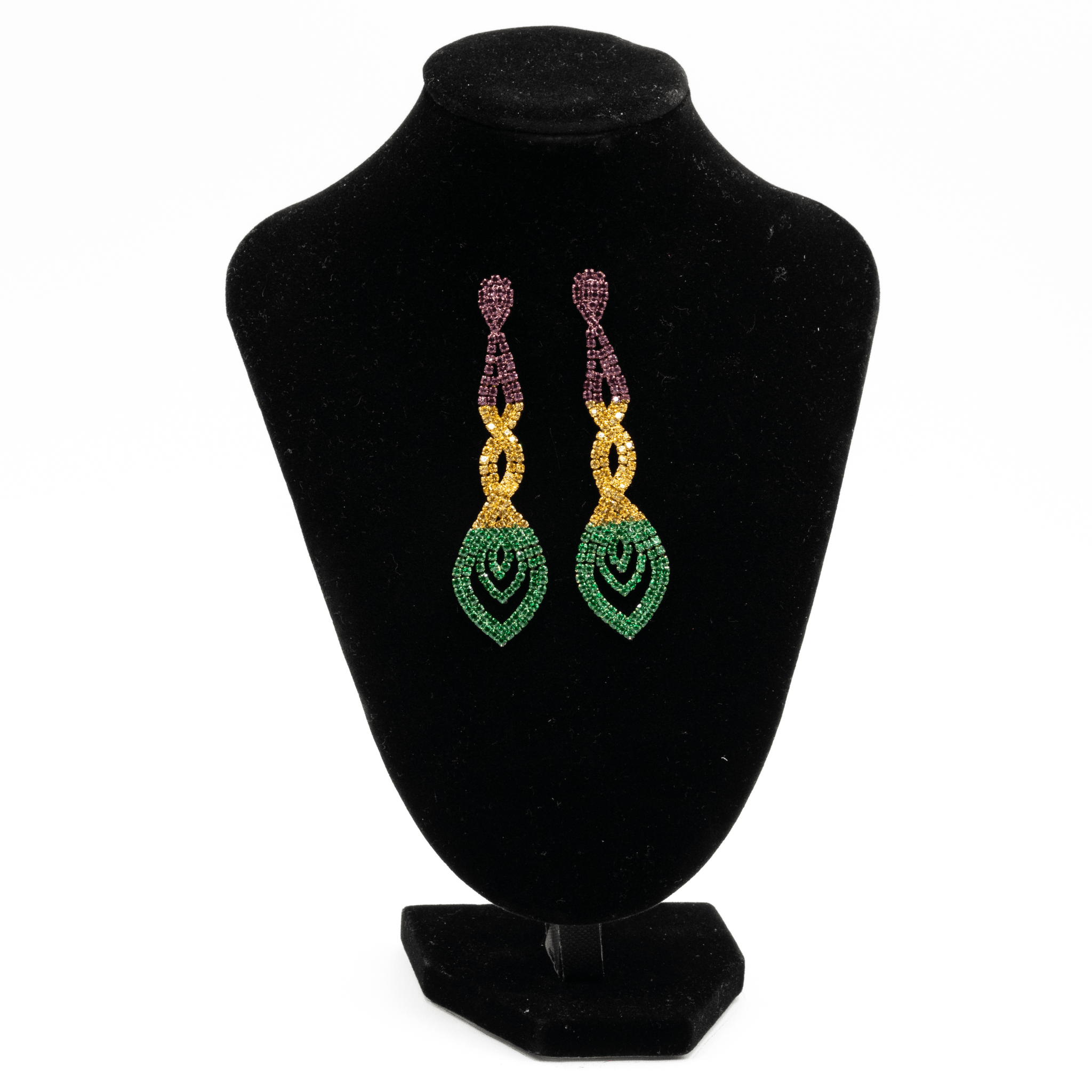 Mardi Gras Rhinestone Braided Drop Earrings – Purple, Green, Gold