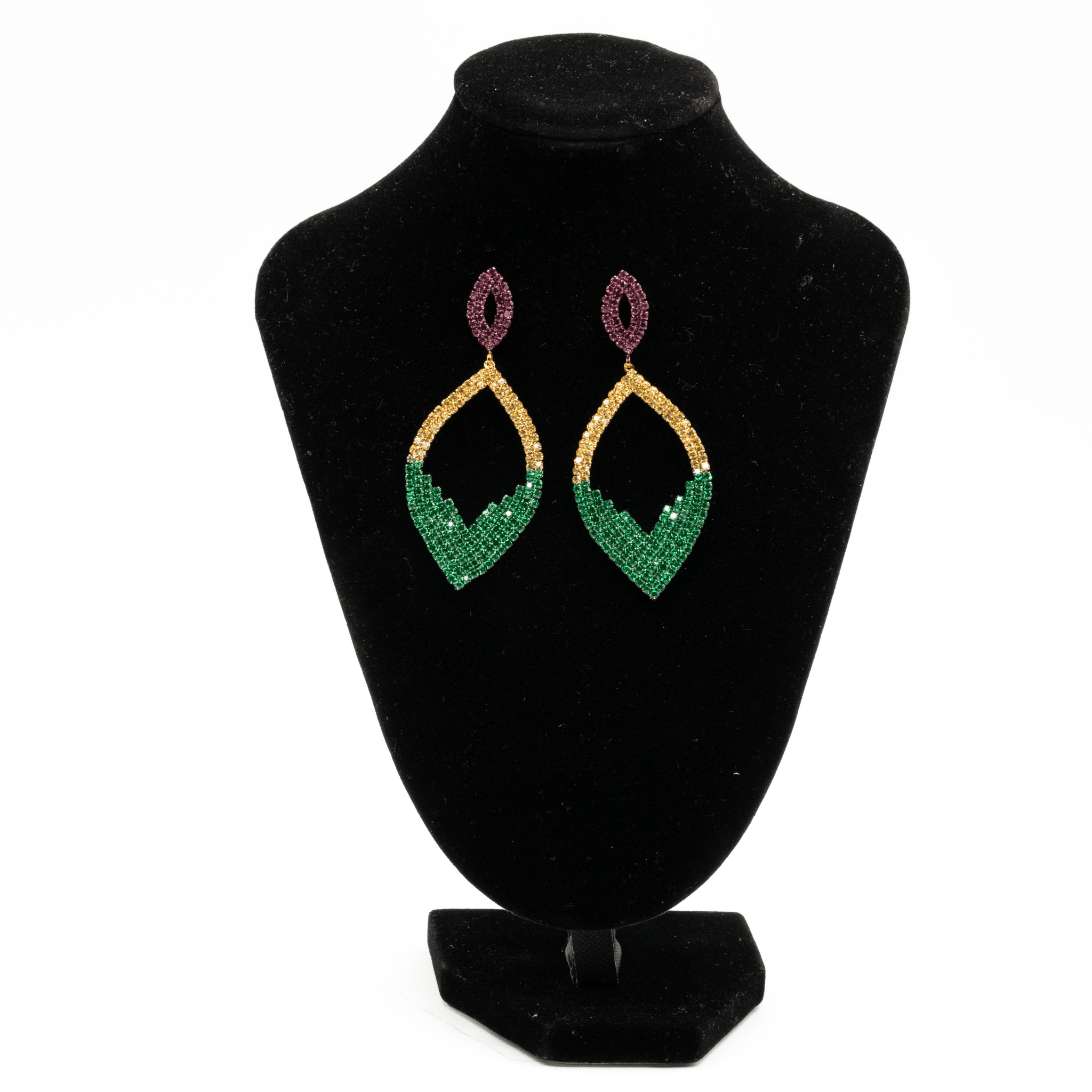 Mardi Gras open teardrop earrings with purple, green, and gold rhinestones displayed on a black stand.