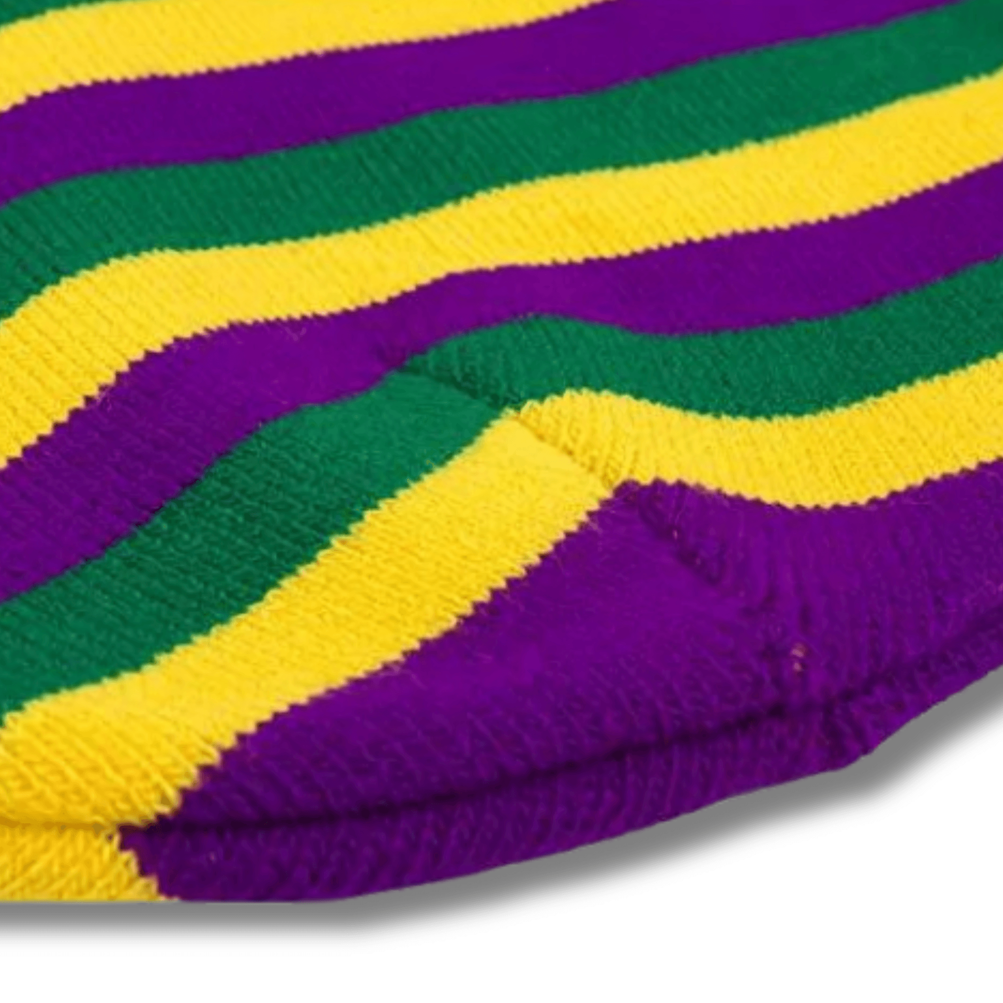 Mardi Gras beanie hat with purple, green, and yellow stripes