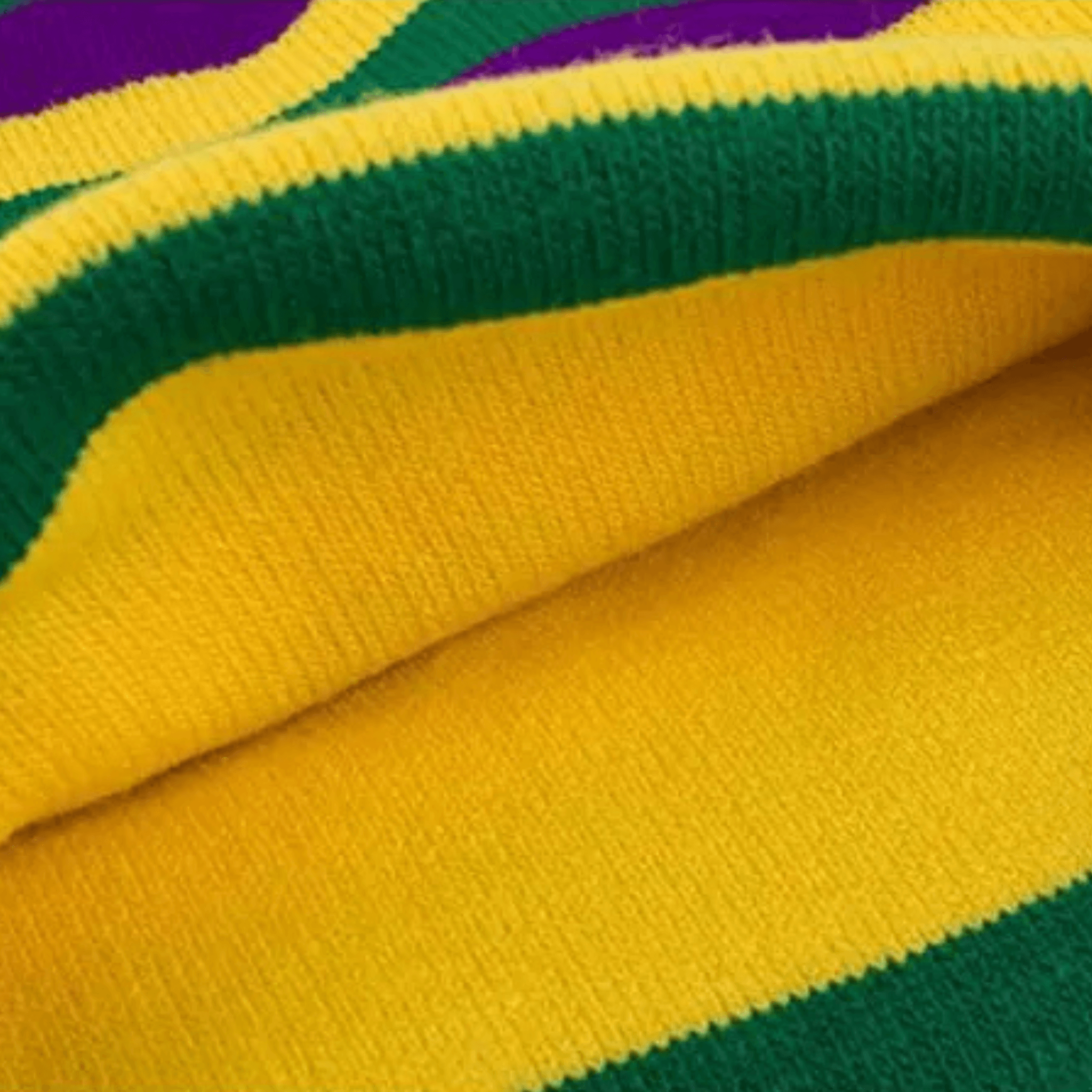 Mardi Gras beanie hat with purple, green, and yellow stripes
