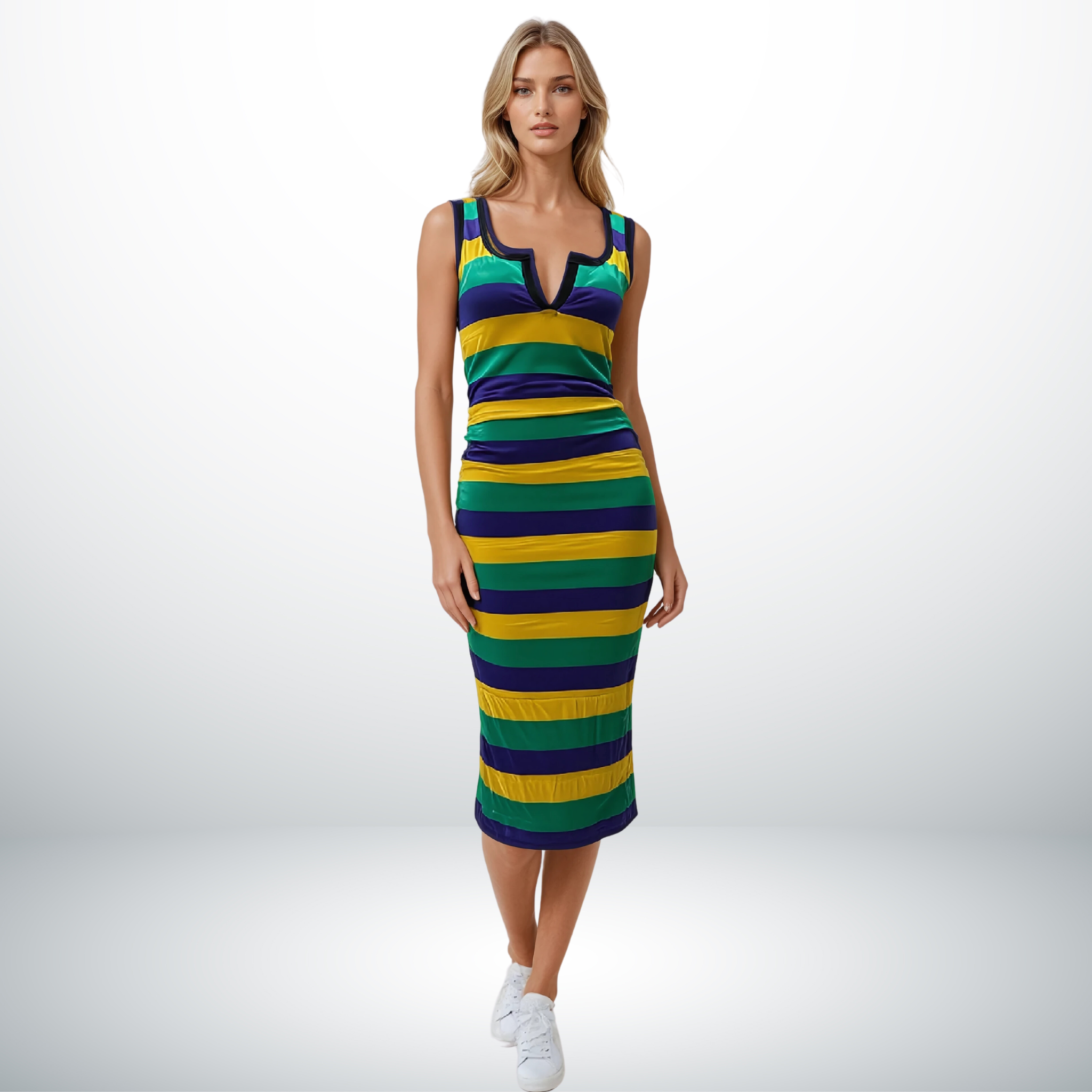 Mardi Gras Striped Sleeveless Midi Dress