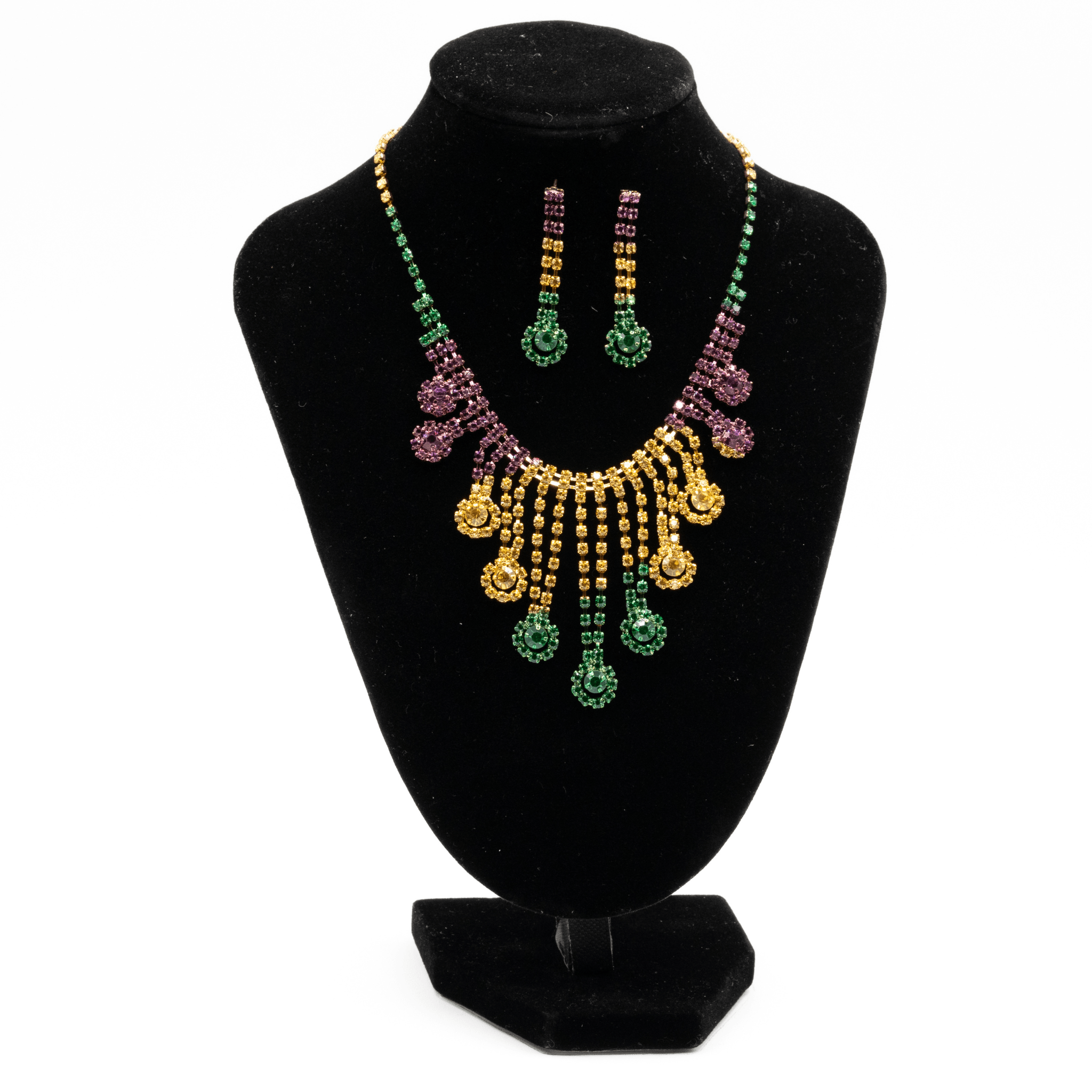 Mardi Gras Tri-Color Rhinestone Necklace & Earring Set