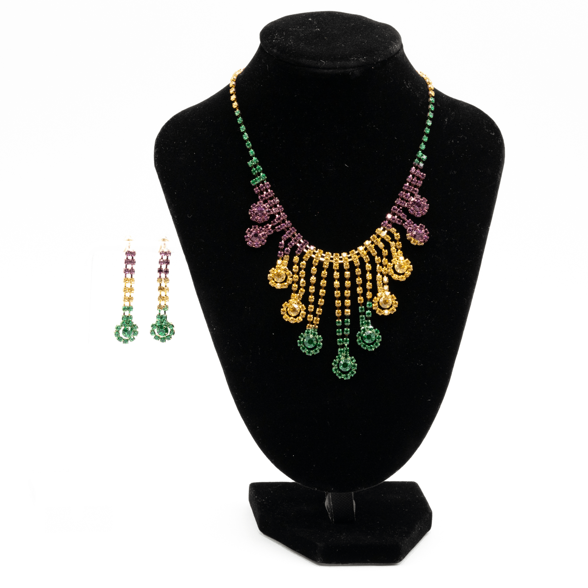 Mardi Gras Tri-Color Rhinestone Necklace & Earring Set