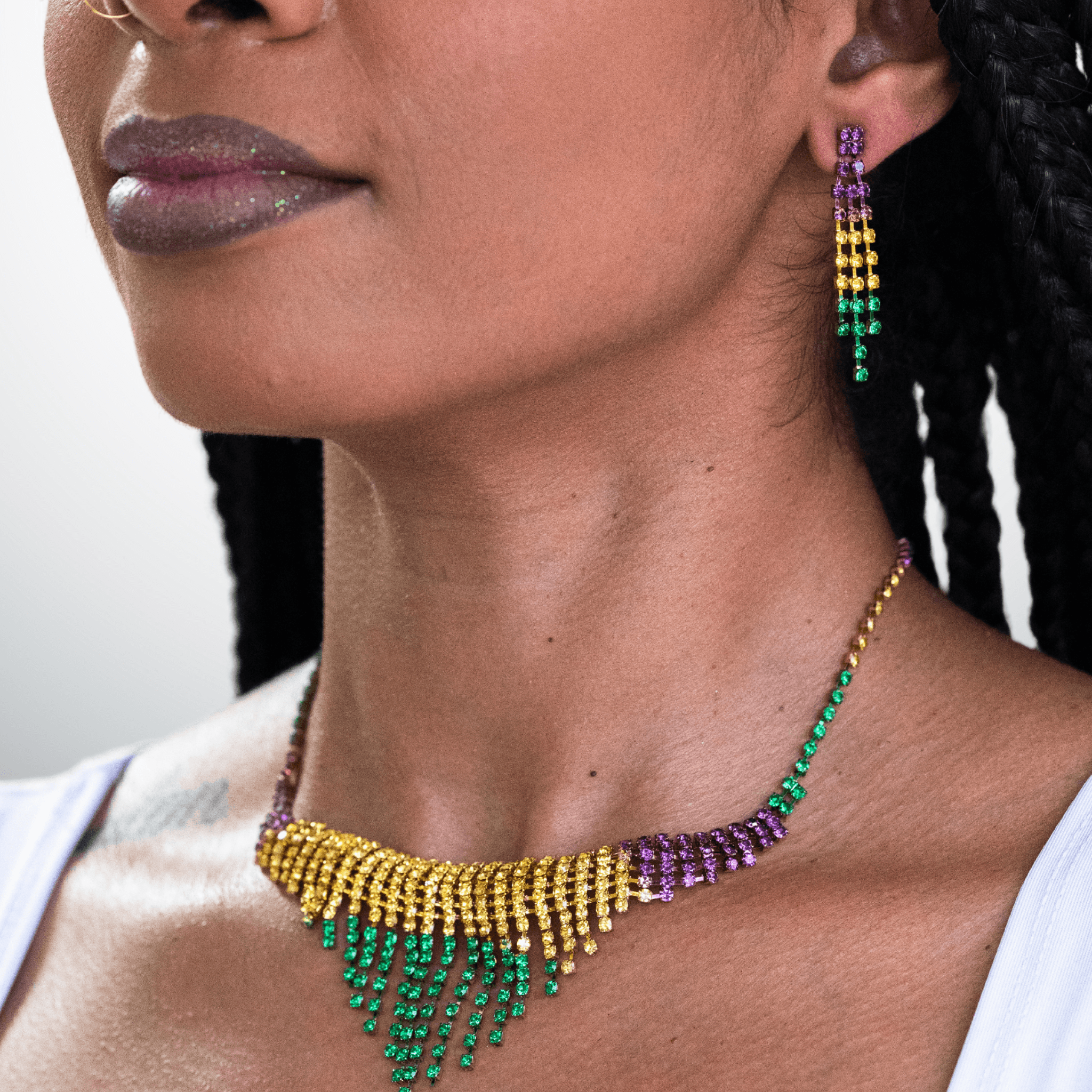 Mardi Gras Beaded Fringe Necklace & Earring Set - Mardi Gras Accessories - Mardi Gras Hub - Mardi Gras Earrings - Mardi gras Necklace Sets - Mardi Gras Hub