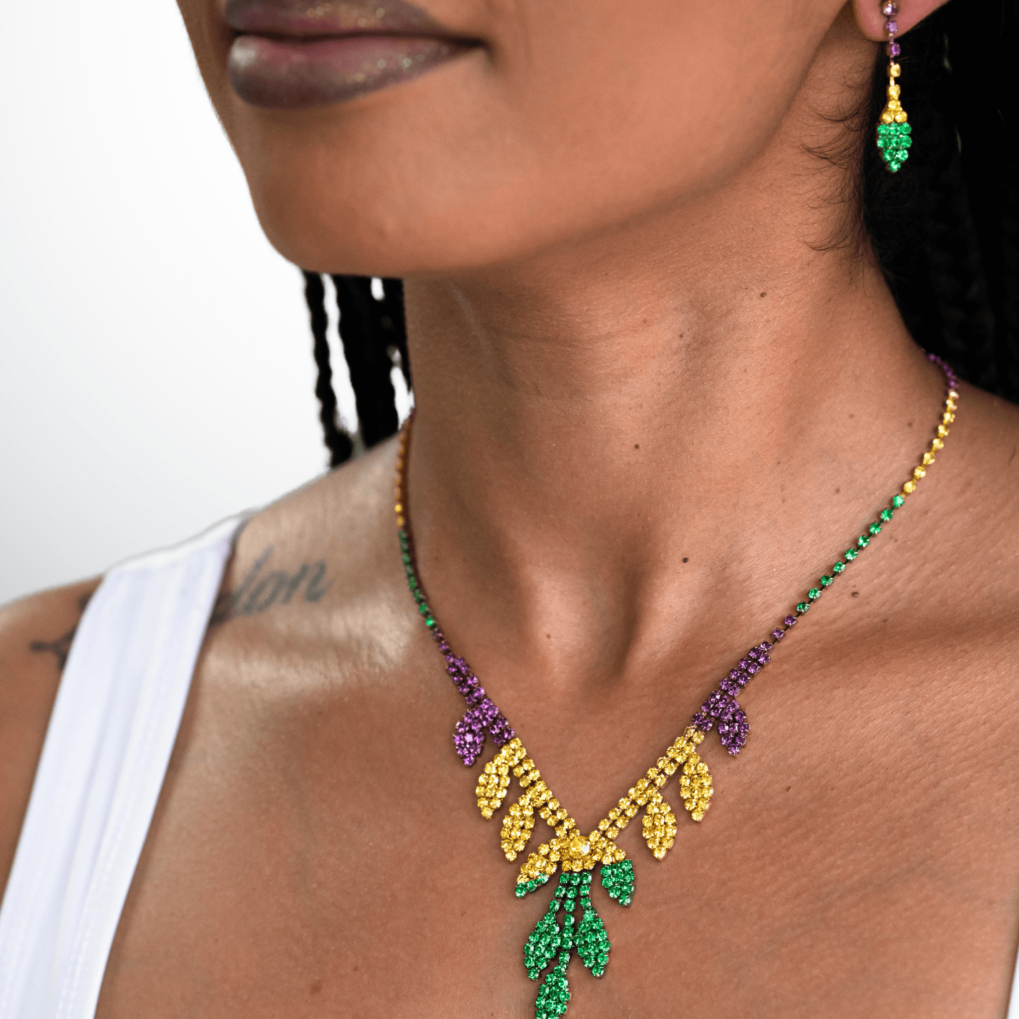 Mardi Gras Beaded Leaf Necklace & Earring Set