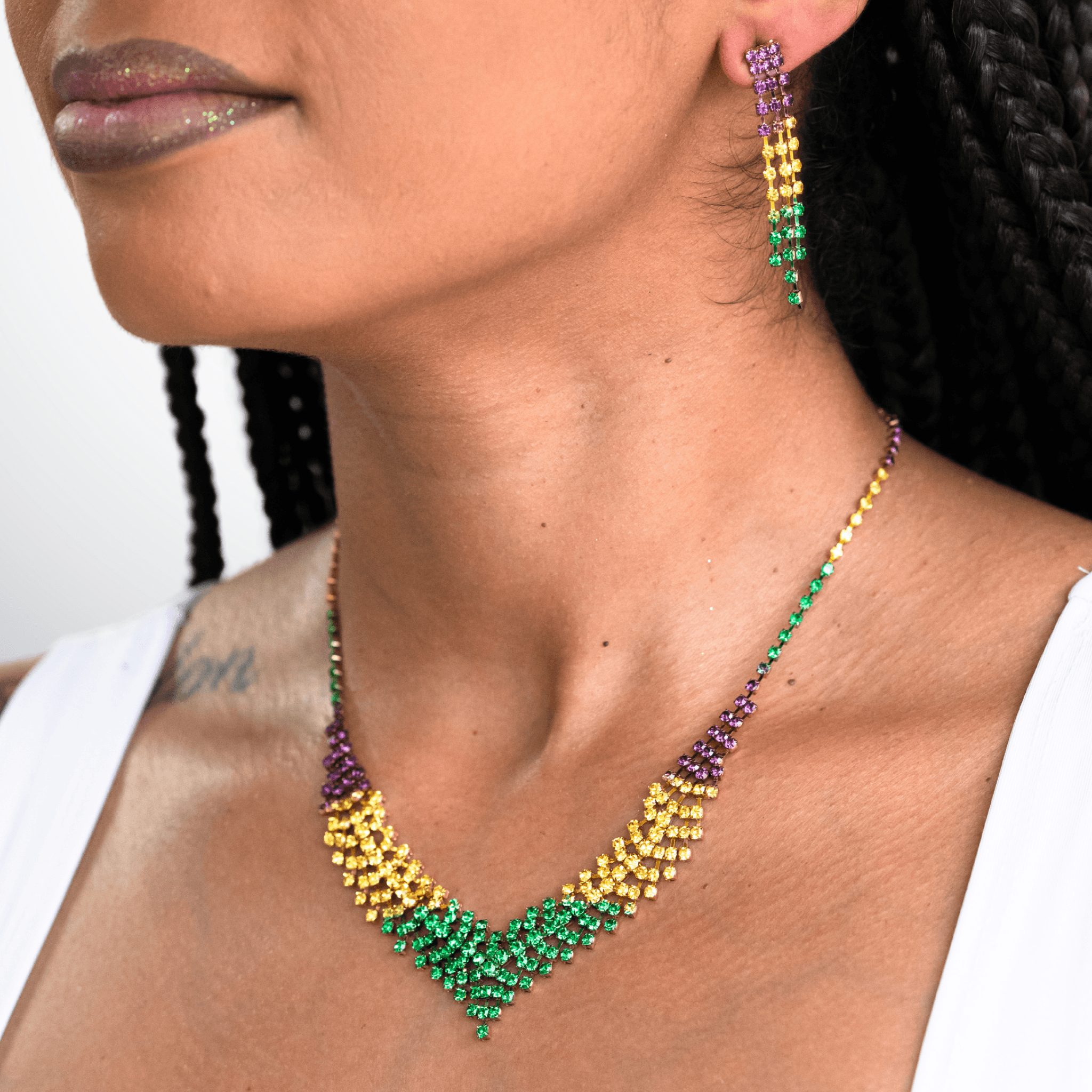 Mardi Gras Rhinestone Chevron Necklace and Earrings Set