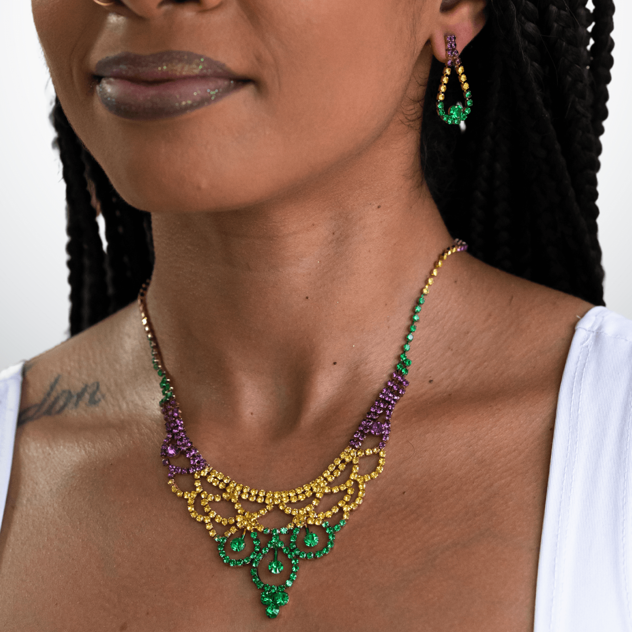 Mardi Gras Rhinestone Fan Necklace - Mardi Gras Accessories - Mardi Gras Hub - Mardi Gras Earrings - Mardi gras Necklace Sets