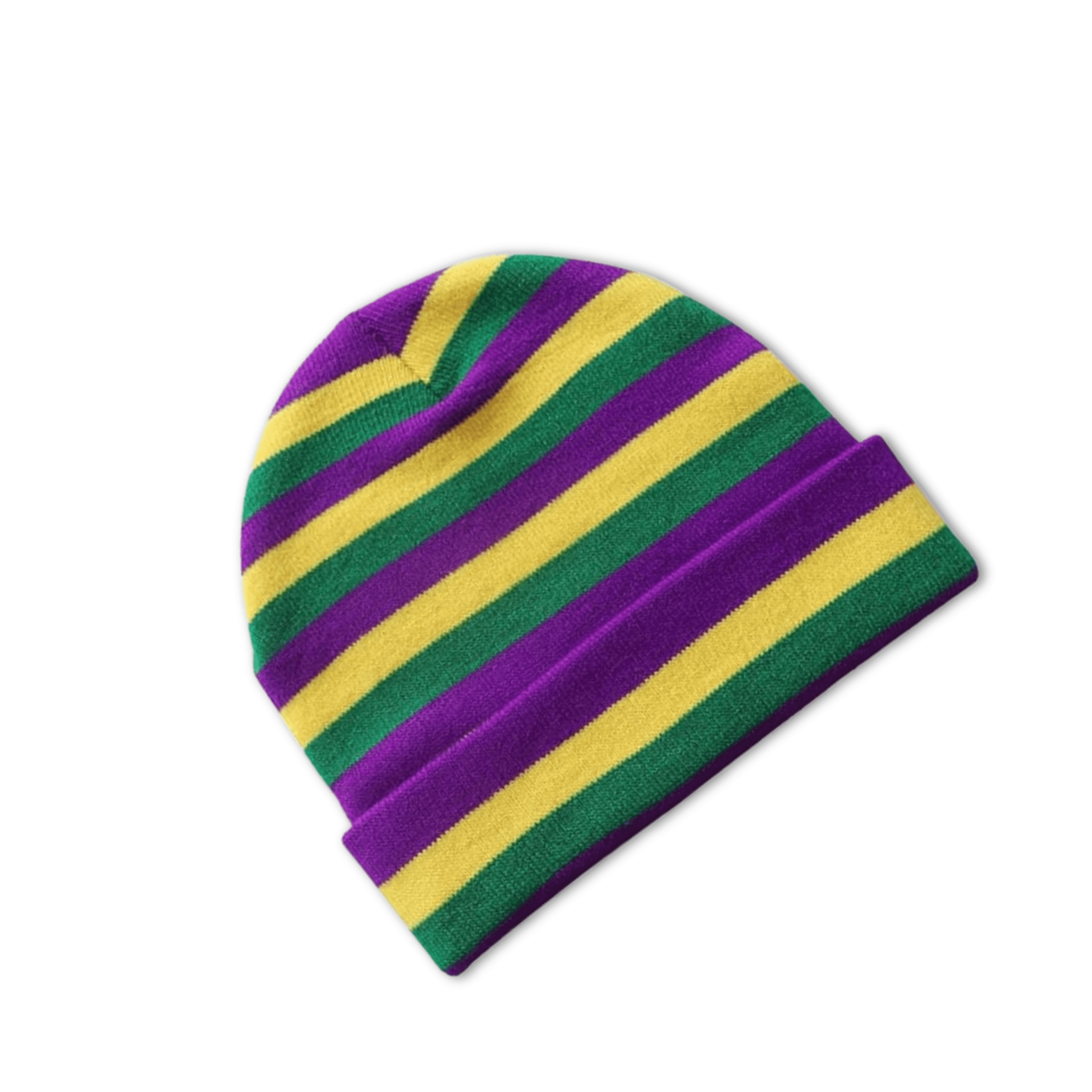 Mardi Gras beanie hat with purple, green, and yellow stripes