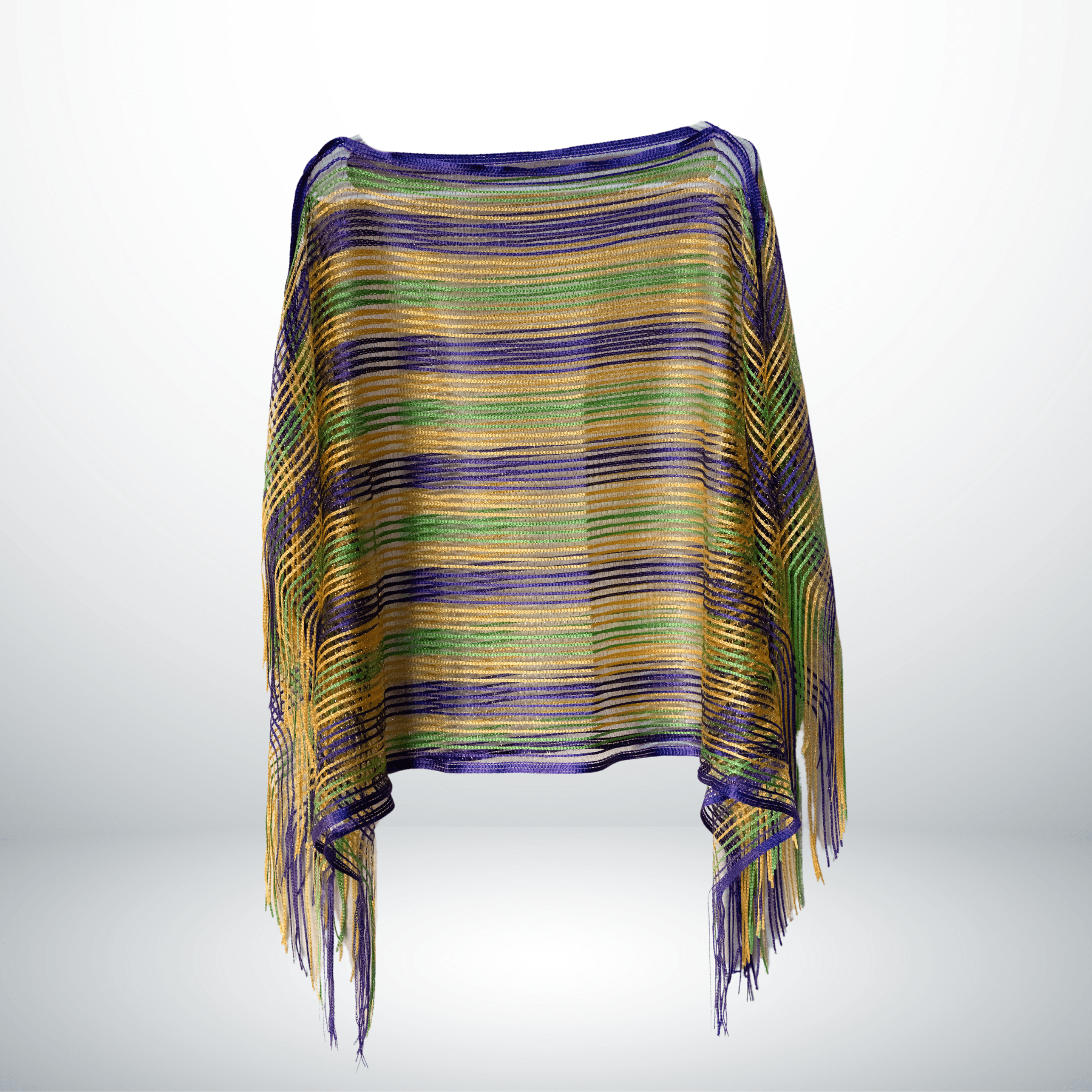 Mardi Gras striped fringe poncho with purple, green, and yellow colors