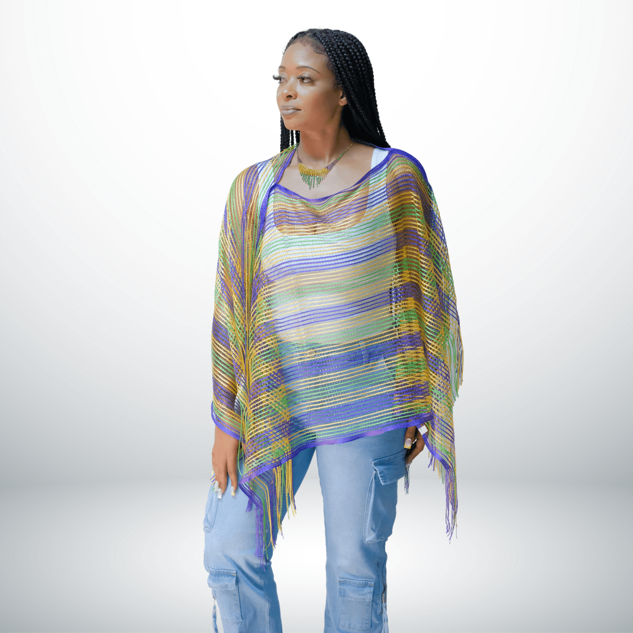 Mardi Gras Striped Fringe Poncho – Purple, Green, Yellow