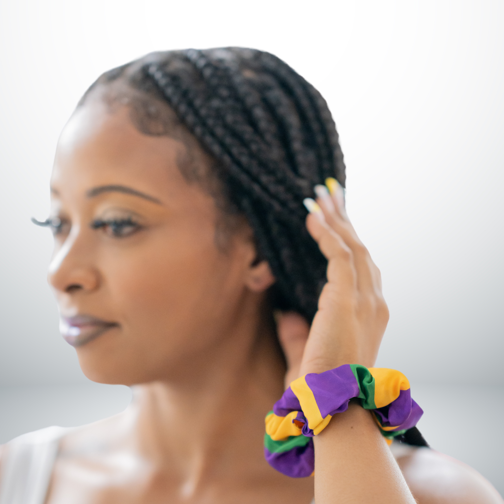Mardi Gras Striped Scrunchie in purple, green, and gold.