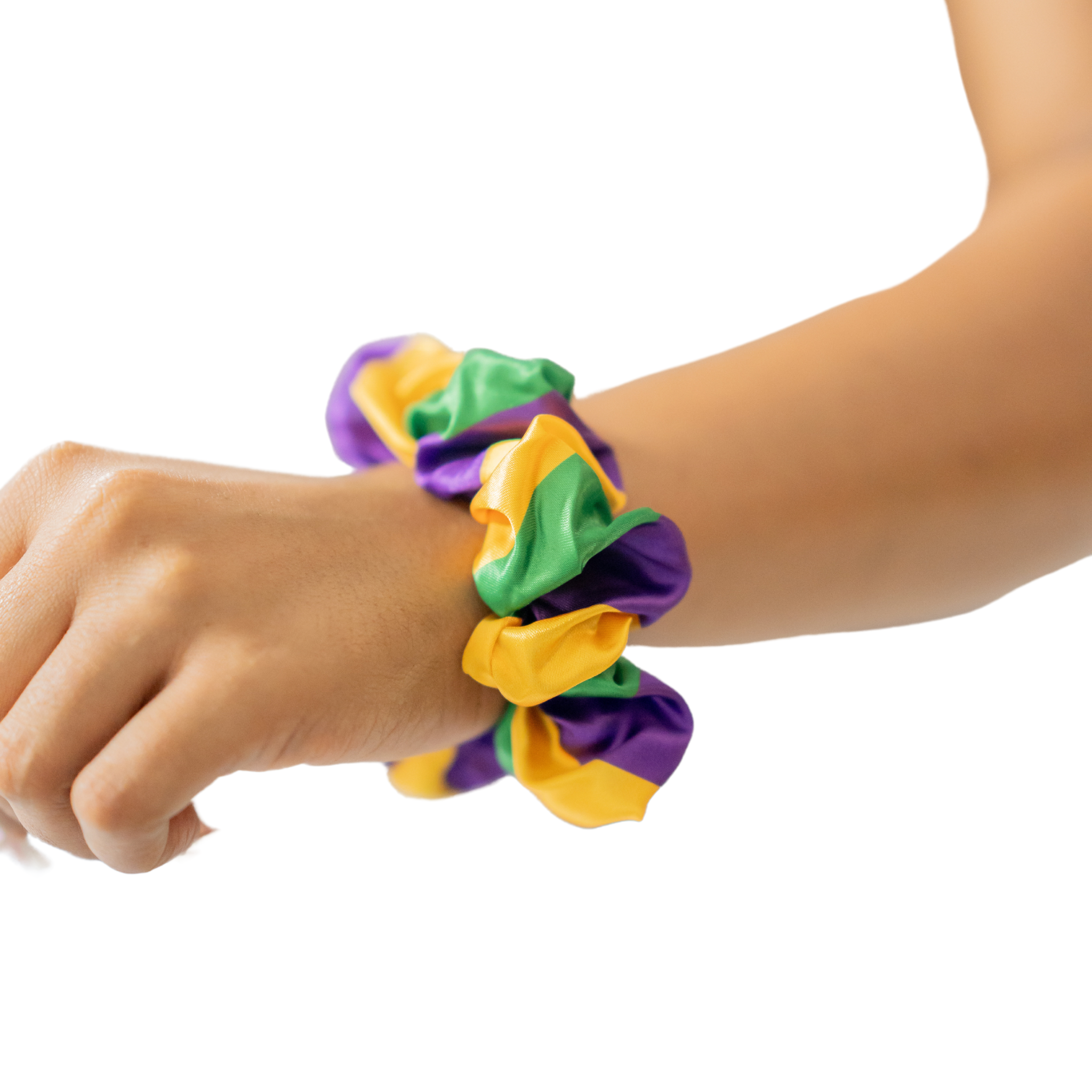 Mardi Gras Striped Scrunchie in purple, green, and gold.