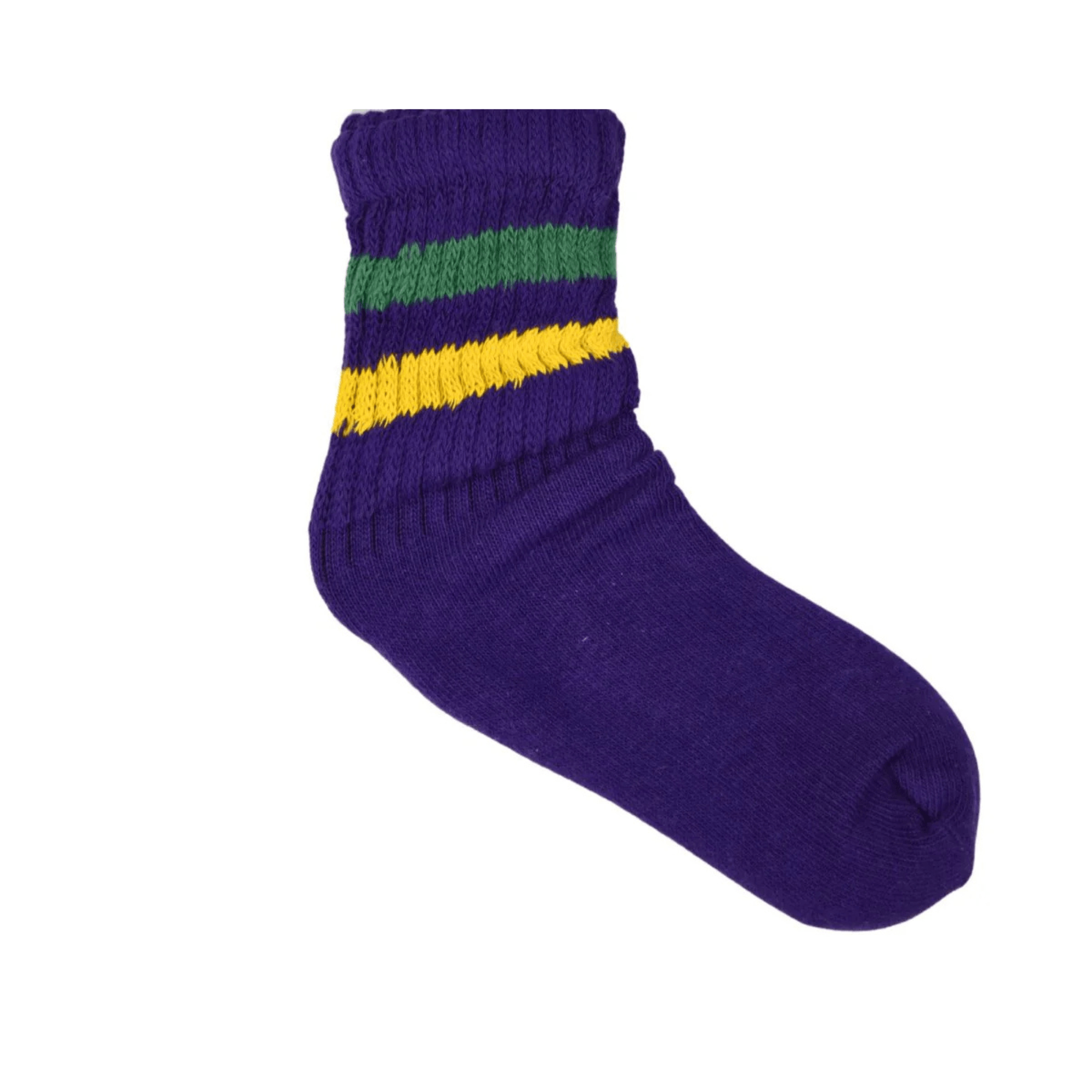 Mardi Gras Striped Slouch Socks in purple with yellow and green stripes, available in sizes for kids, juniors, and adults.