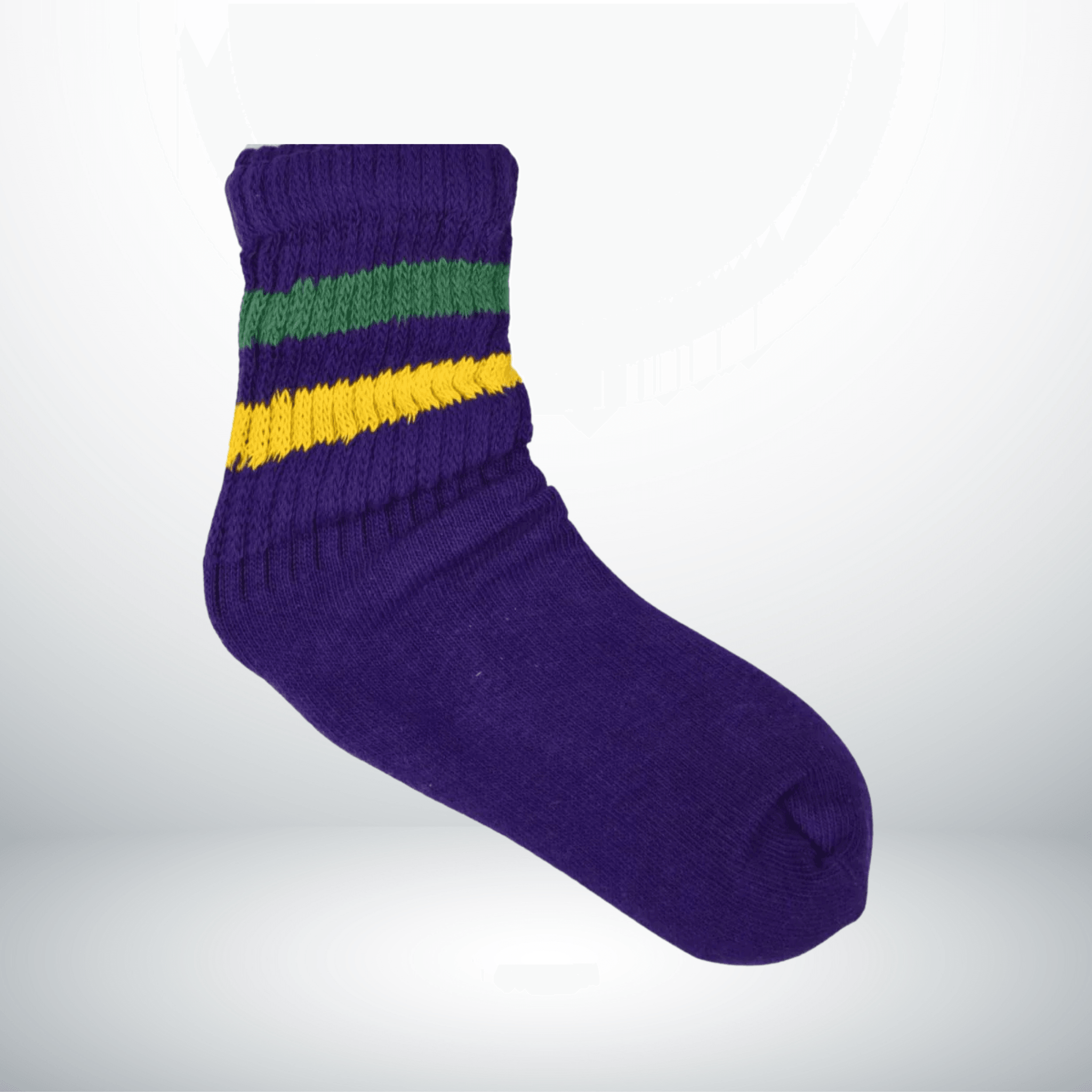 Mardi Gras Striped Slouch Socks in purple with yellow and green stripes, available in sizes for kids, juniors, and adults.