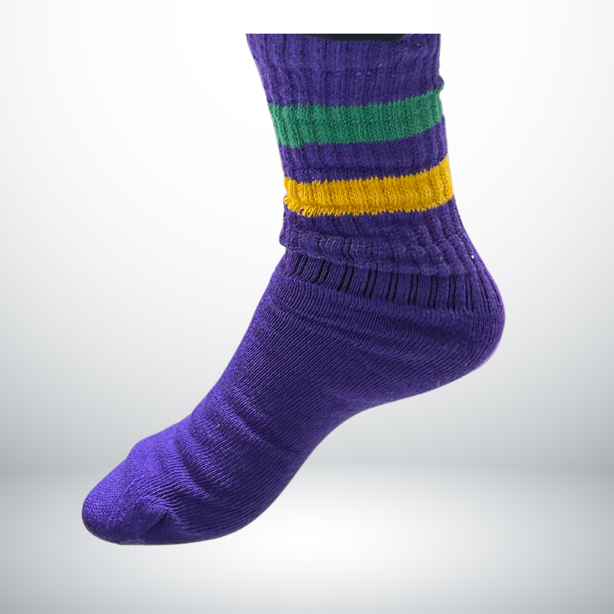 Mardi Gras Striped Slouch Socks in purple with yellow and green stripes, available in sizes for kids, juniors, and adults.
