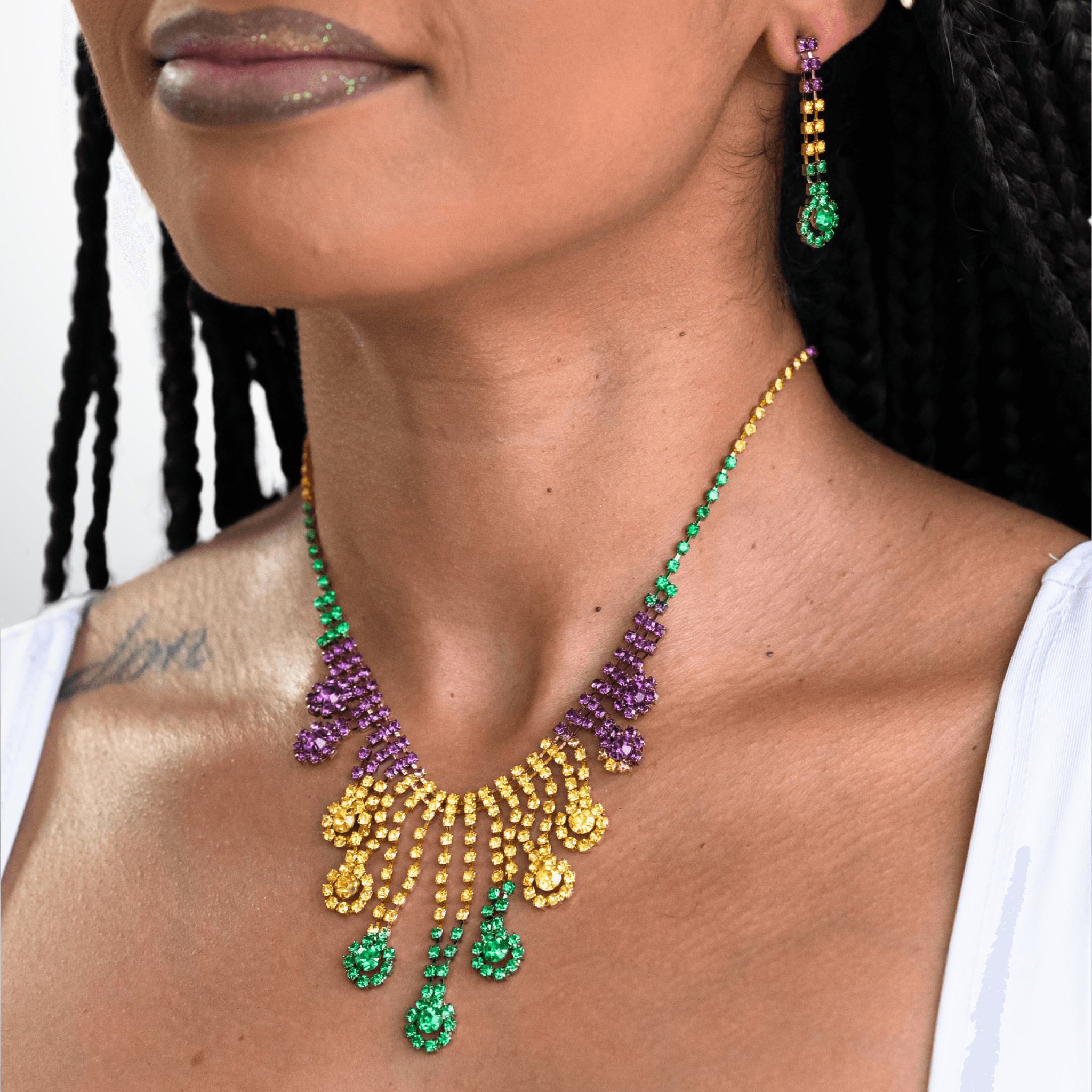 Mardi Gras Tri-Color Rhinestone Necklace & Earring Set