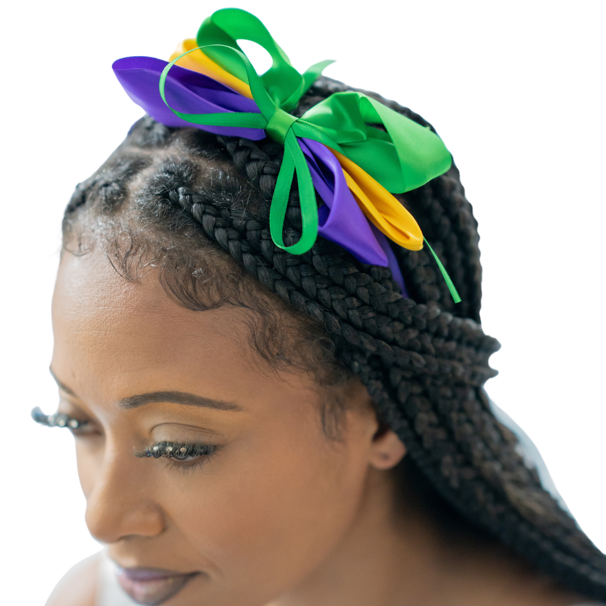 Mardi Gras Triple Ribbon Bow Headband with purple, green, and gold layered ribbons on a braided hairstyle.