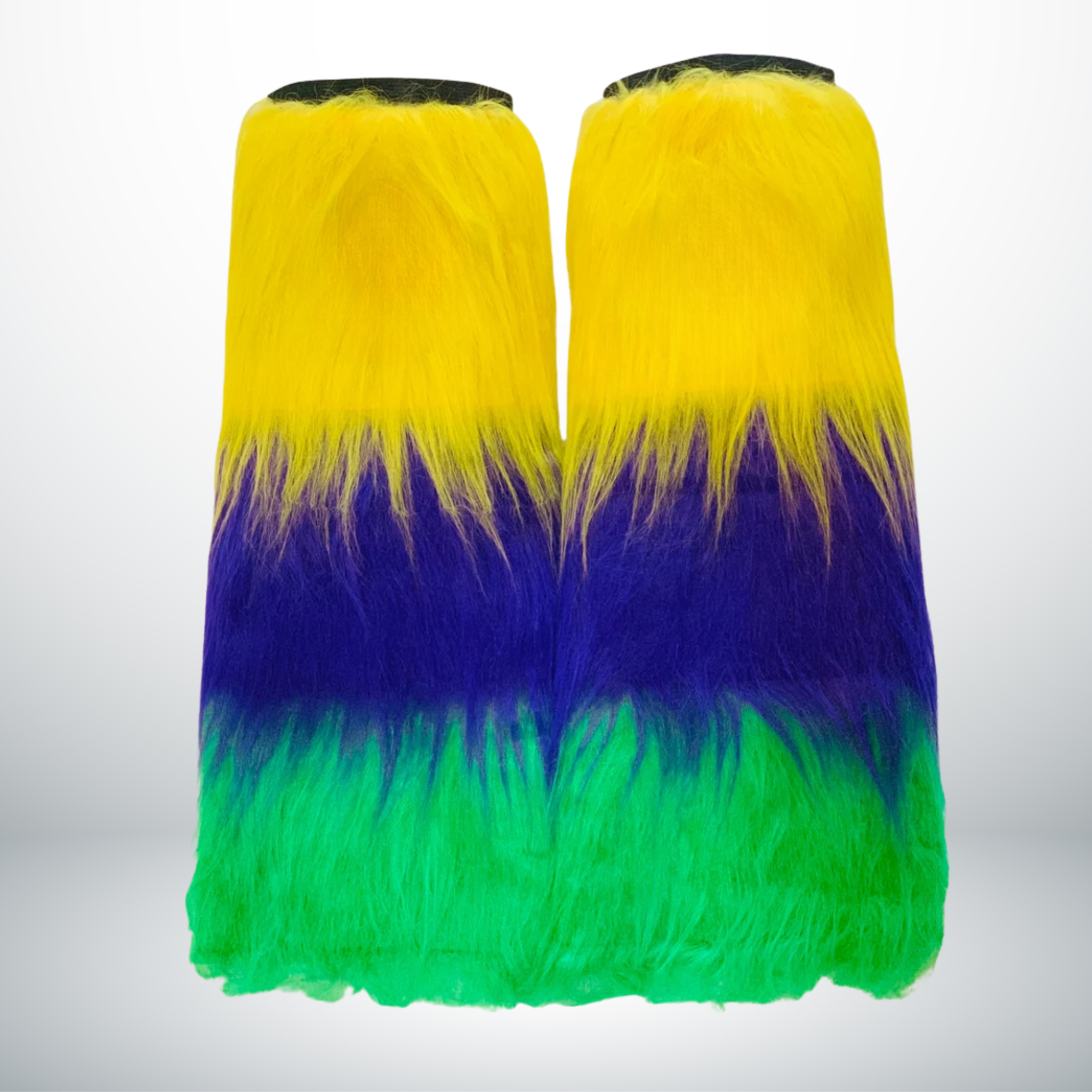Mardi Gras Furry Leg Warmers with purple, green, and gold stripes, without Fleur-de-Lis patch.