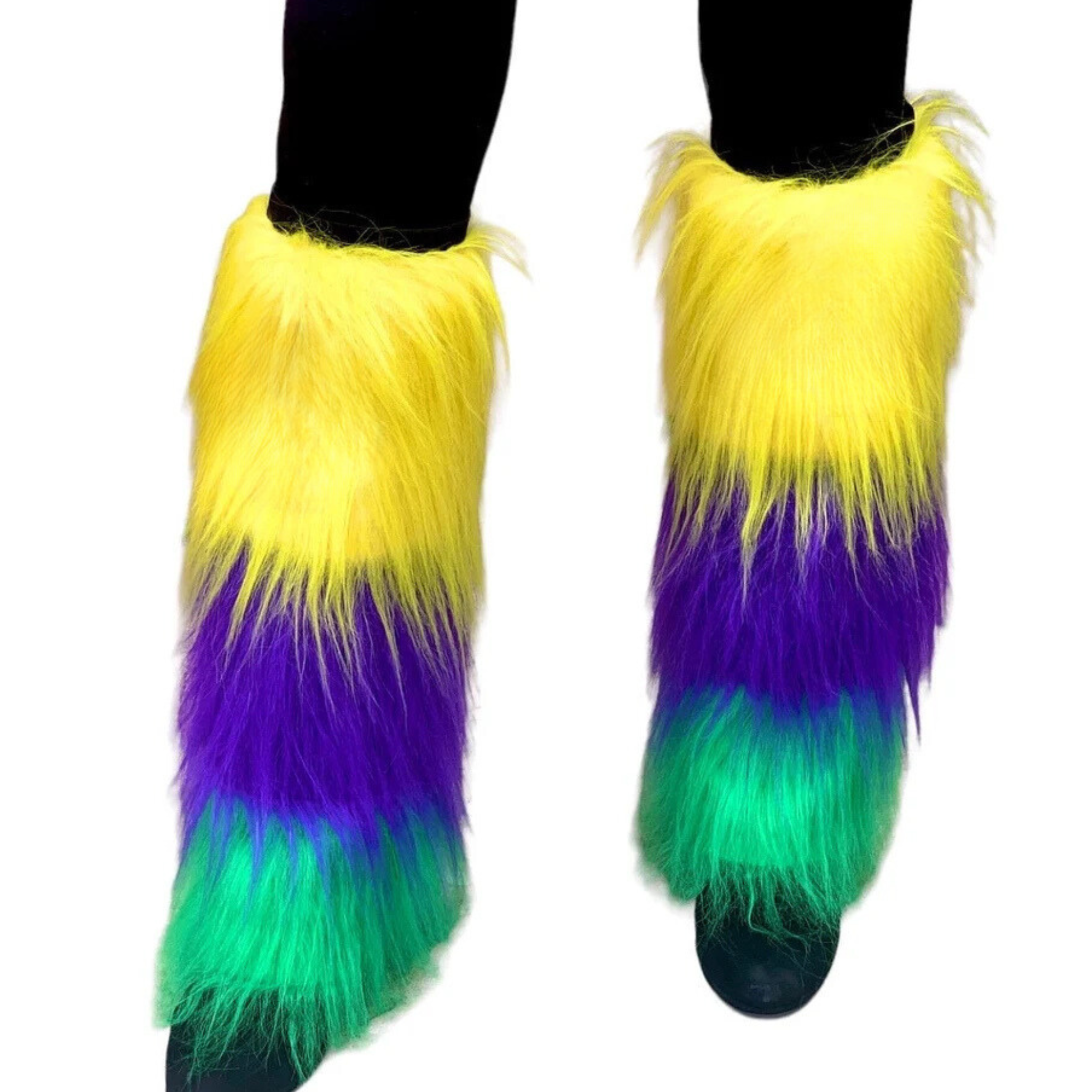Mardi Gras Furry Leg Warmers with purple, green, and gold stripes, without Fleur-de-Lis patch.
