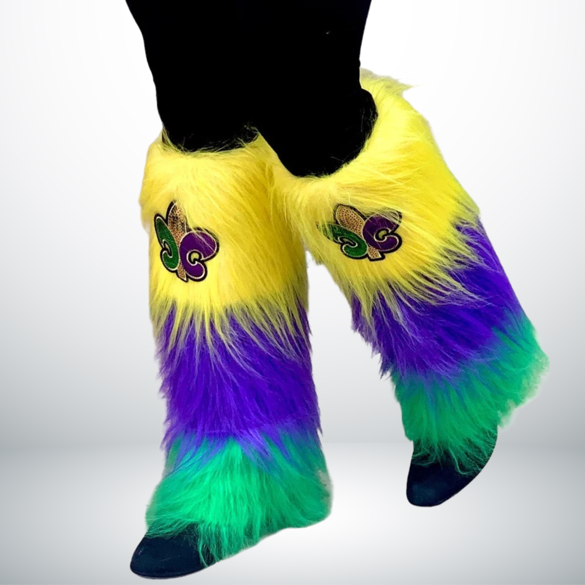 Mardi Gras Furry Leg Warmers with purple, green, and gold stripes, featuring a Fleur-de-Lis patch.