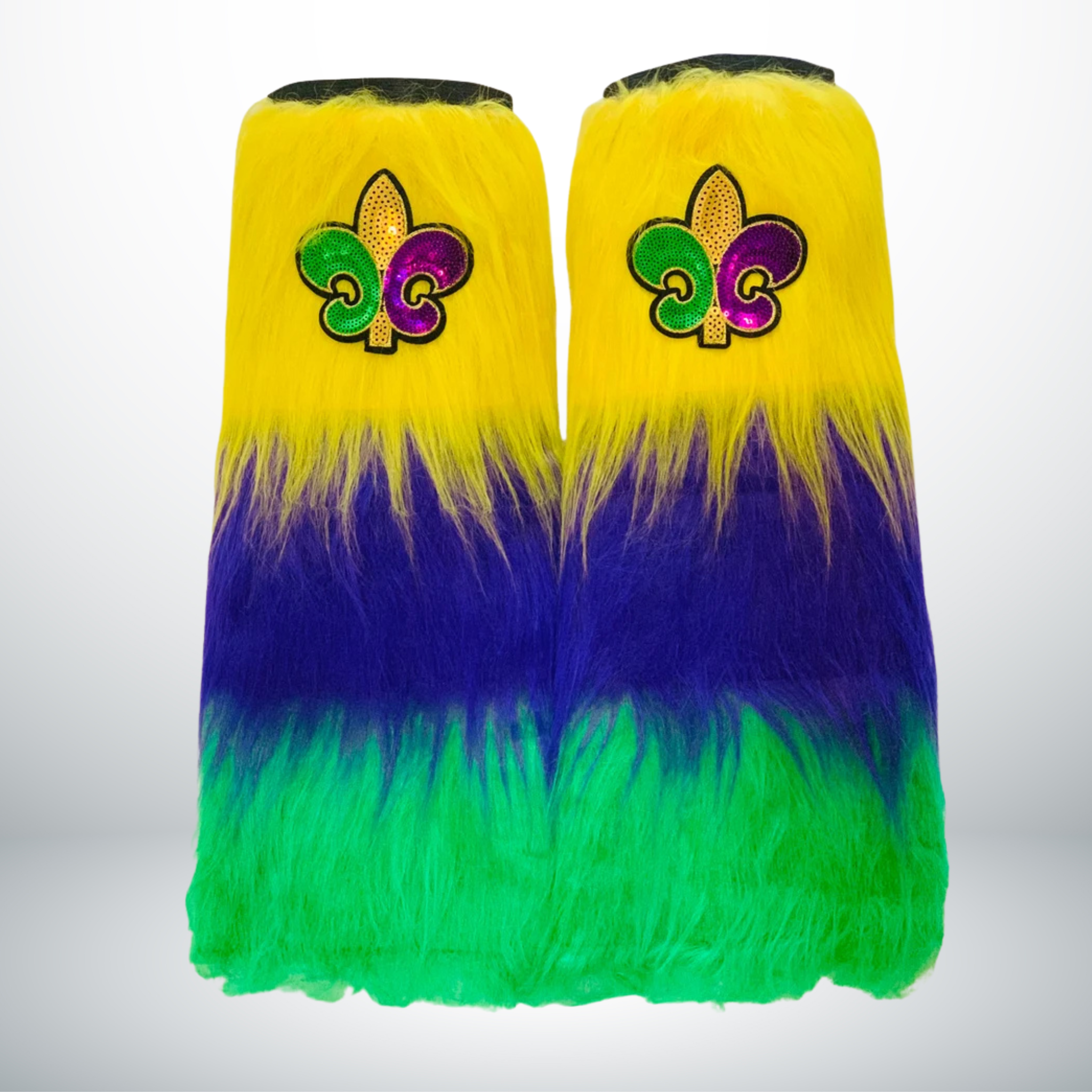 Mardi Gras Furry Leg Warmers with purple, green, and gold stripes, featuring a Fleur-de-Lis patch.