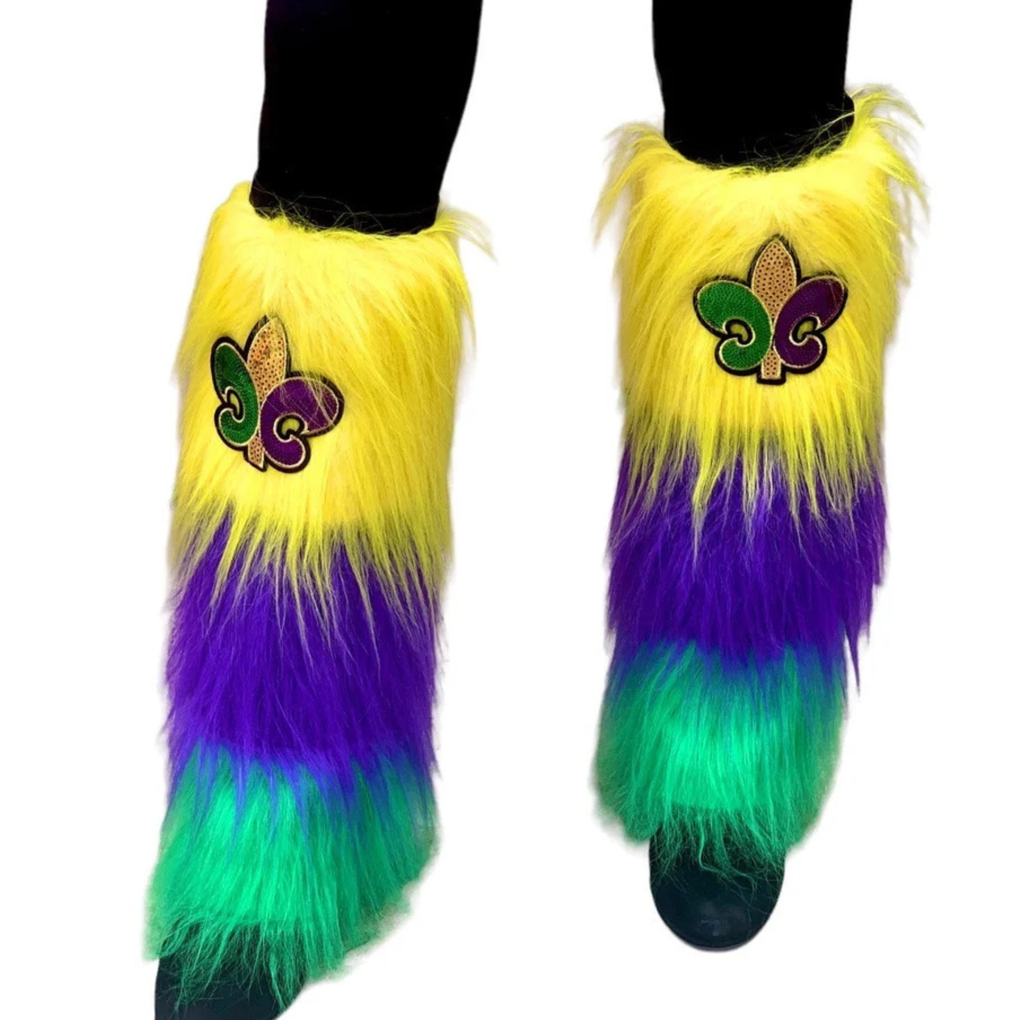 Mardi Gras Furry Leg Warmers with purple, green, and gold stripes, featuring a Fleur-de-Lis patch.