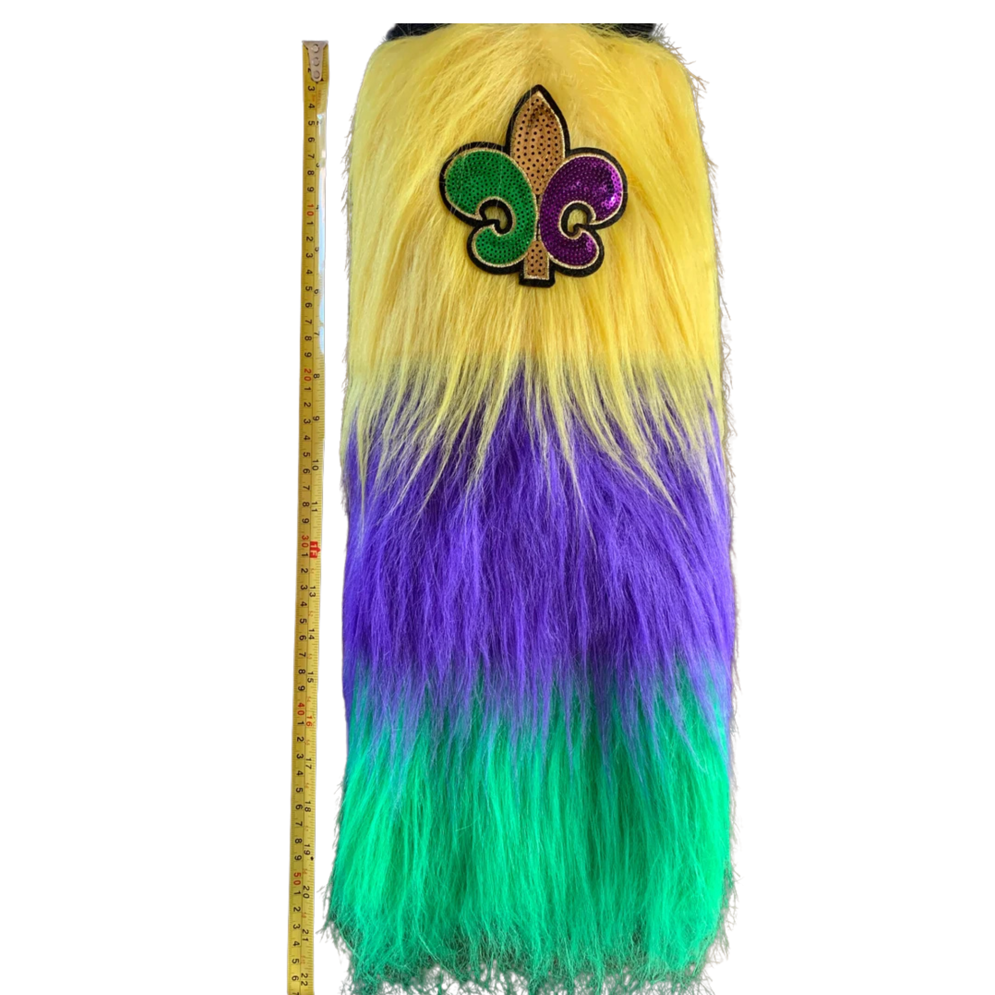 Mardi Gras Furry Leg Warmers with purple, green, and gold stripes, featuring a Fleur-de-Lis patch.