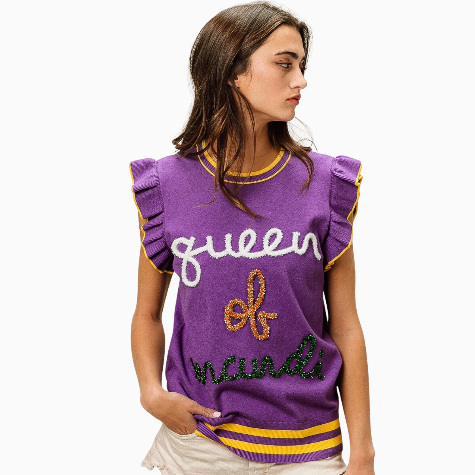 Queen Of Mardi Ruffled Armhole Sleeveless Knit Top
