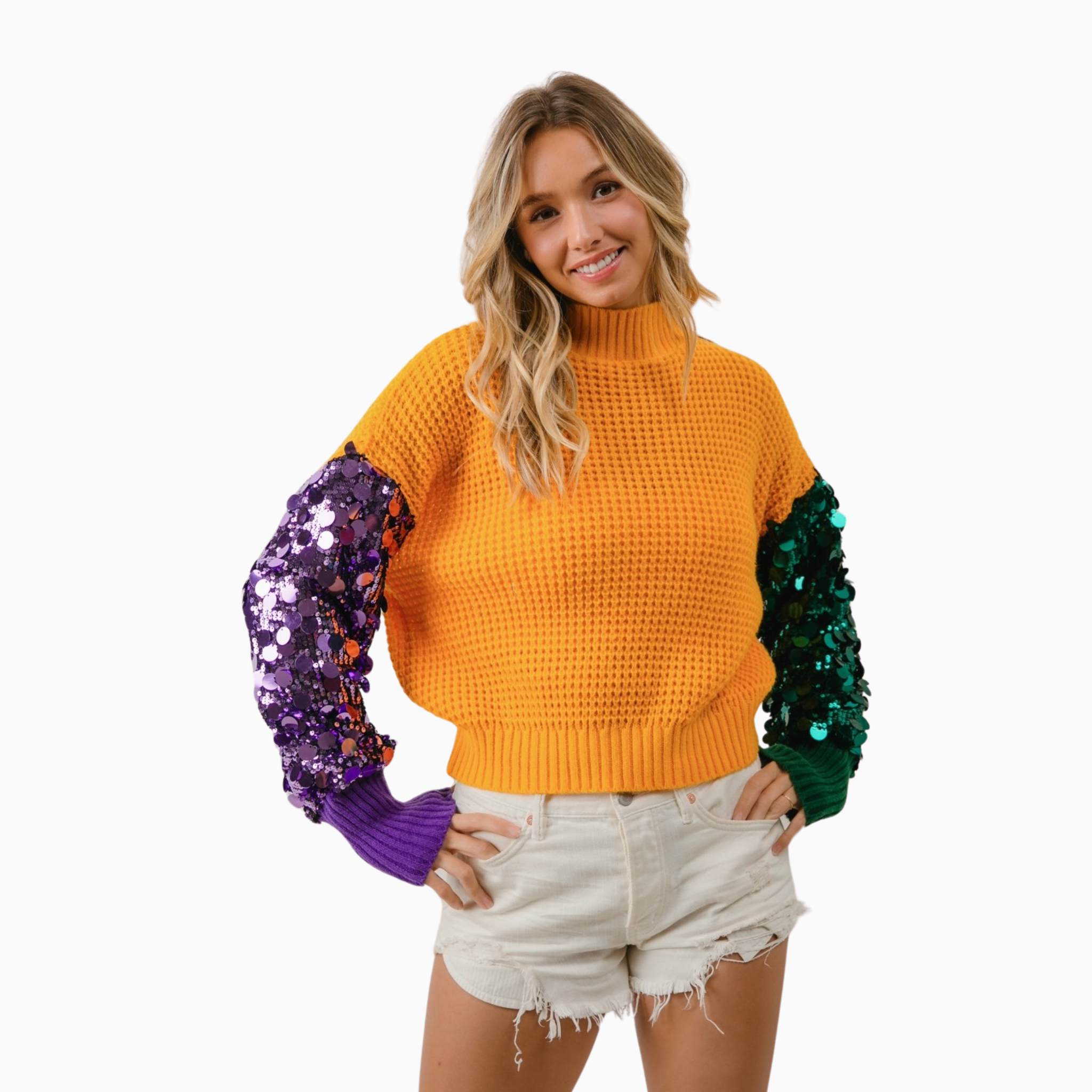 Spangled Sleeve Mardi Gras Color Block Sweater