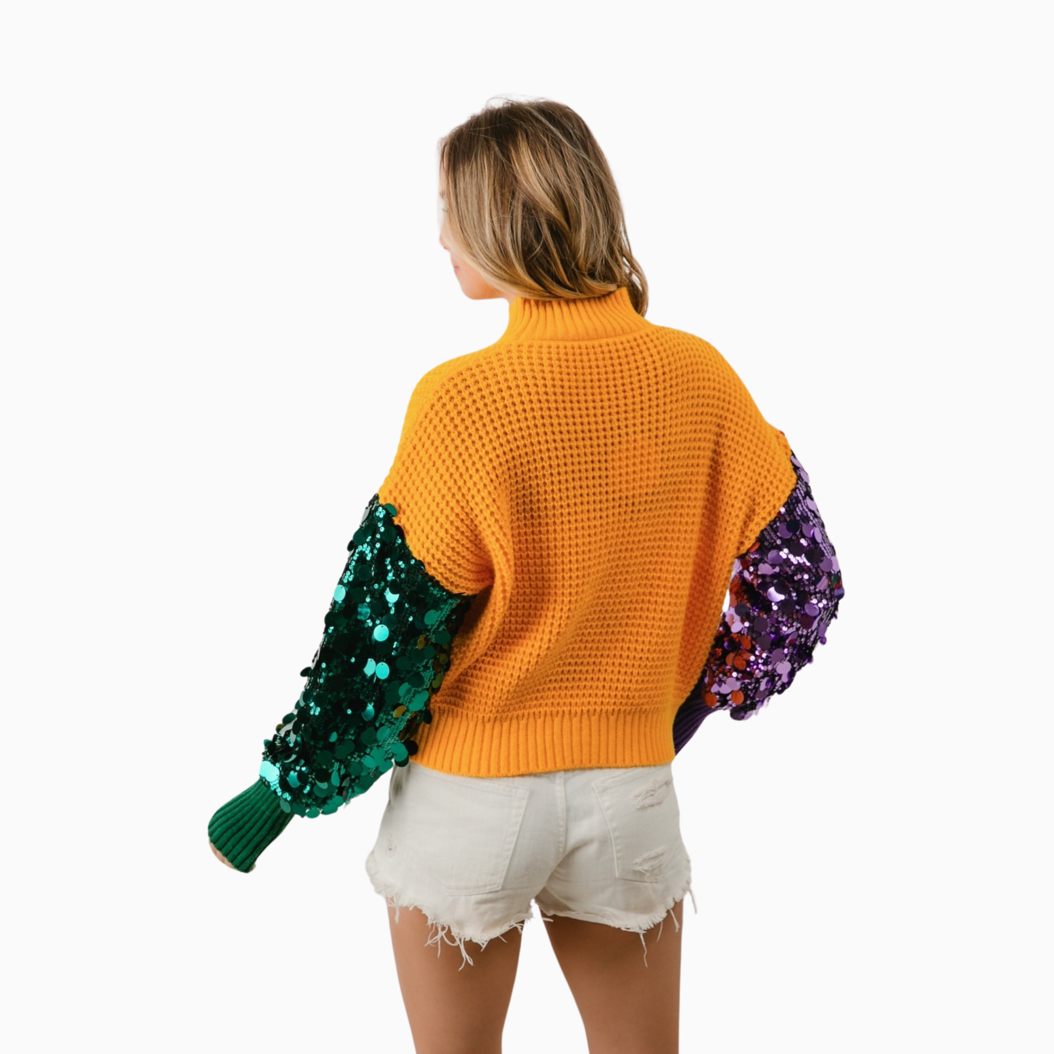 Spangled Sleeve Mardi Gras Color Block Sweater