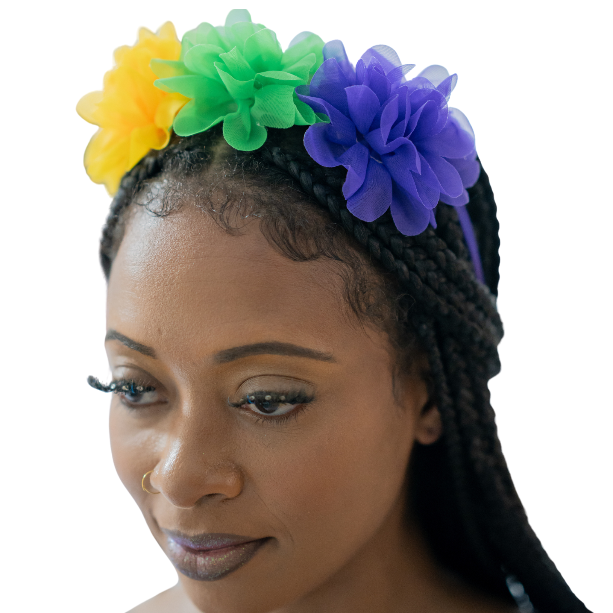 Mardi Gras Floral Headband with purple, green, and gold flowers on a braided hairstyle.