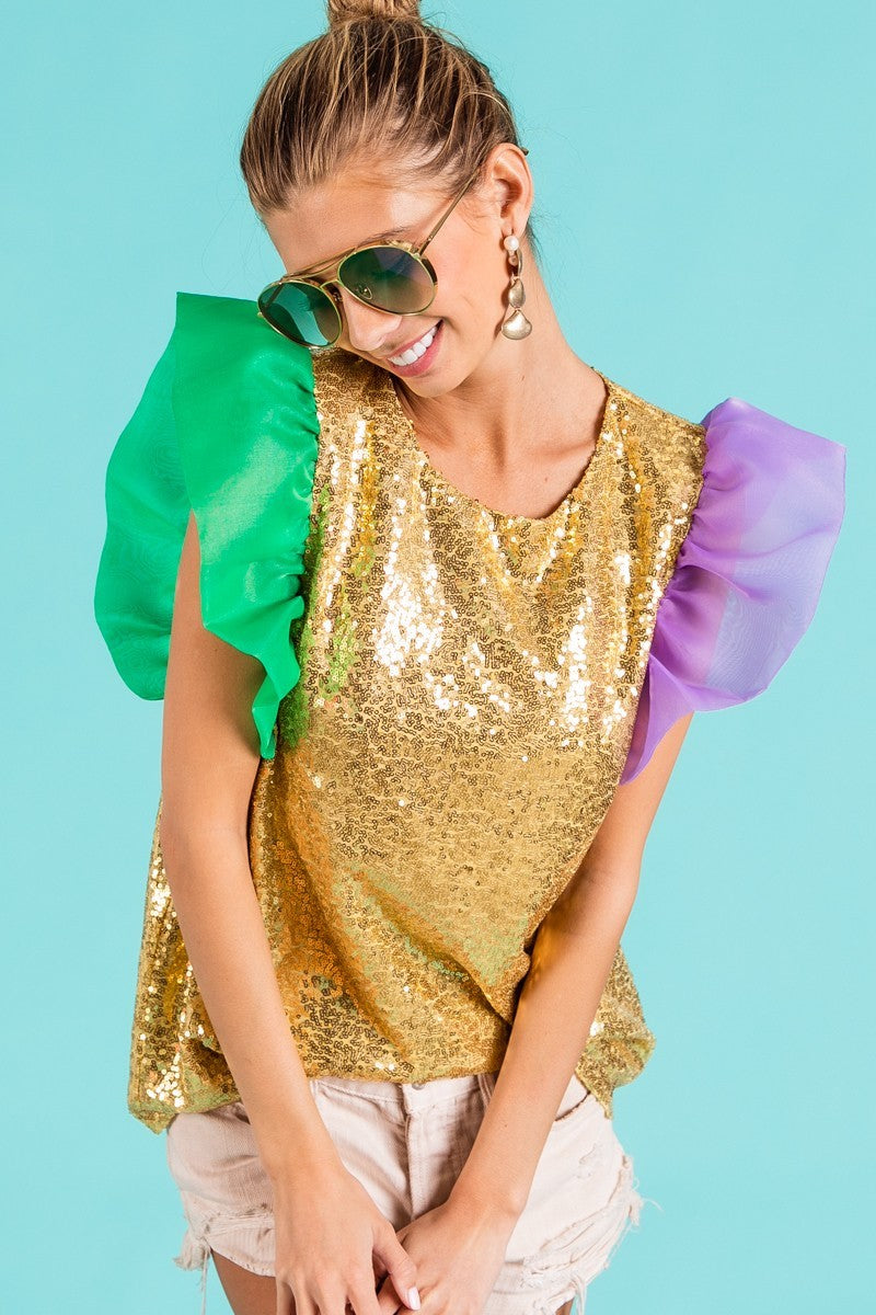 Mardi Gras Color Block Sequin Top Organza Sleeve