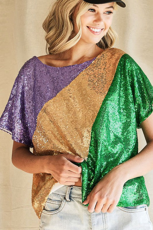 Mardi Gras Sequins Color Blocking Top with Inside Lining