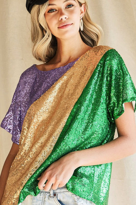 Mardi Gras Sequins Color Blocking Top with Inside Lining