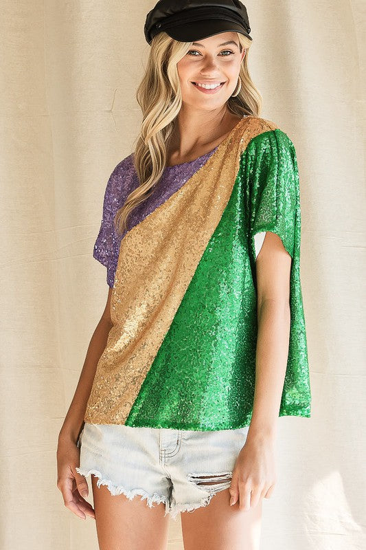 Mardi Gras Sequins Color Blocking Top with Inside Lining