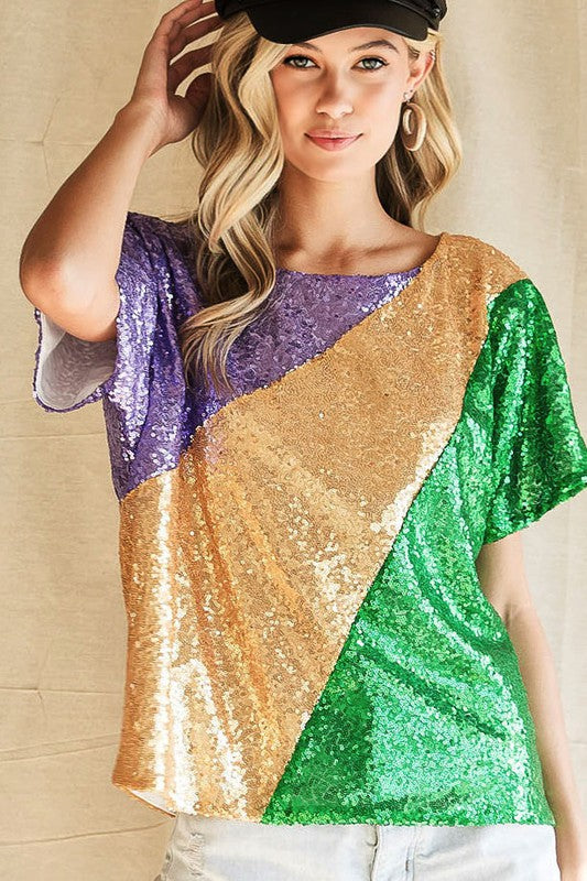 Mardi Gras Sequins Color Blocking Top with Inside Lining