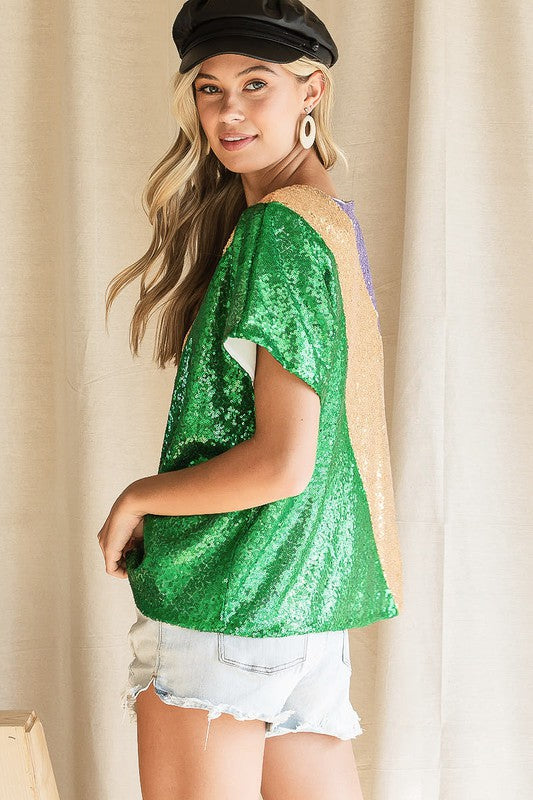 Mardi Gras Sequins Color Blocking Top with Inside Lining