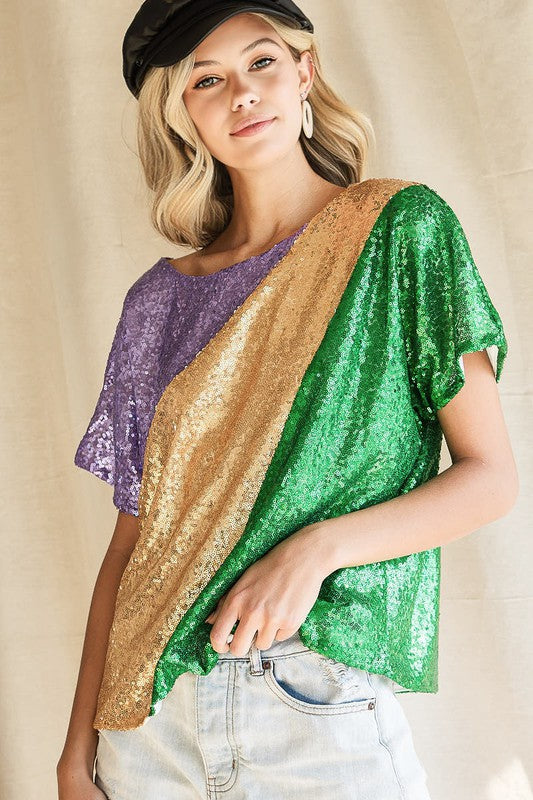 Mardi Gras Sequins Color Blocking Top with Inside Lining