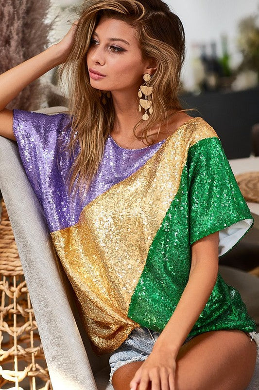 Mardi Gras Sequins Color Blocking Top with Inside Lining