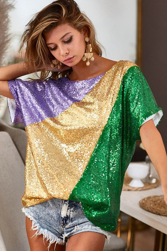 Mardi Gras Sequins Color Blocking Top with Inside Lining