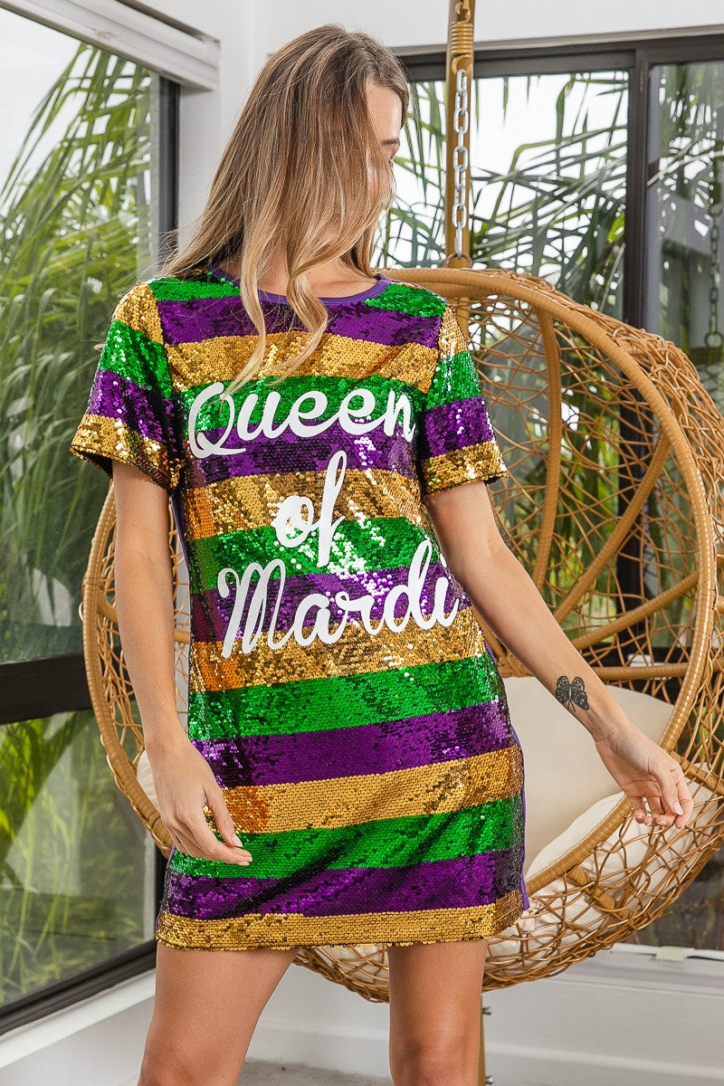 Mardi Gras Printed Color Block Sequins Dress