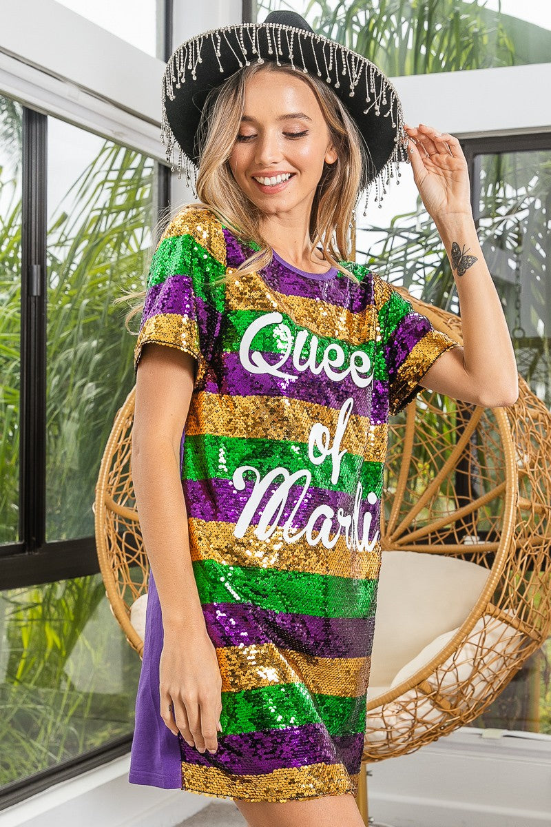 Mardi Gras Printed Color Block Sequins Dress