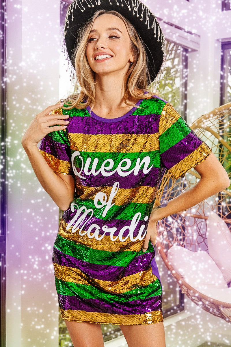 Mardi Gras Printed Color Block Sequins Dress