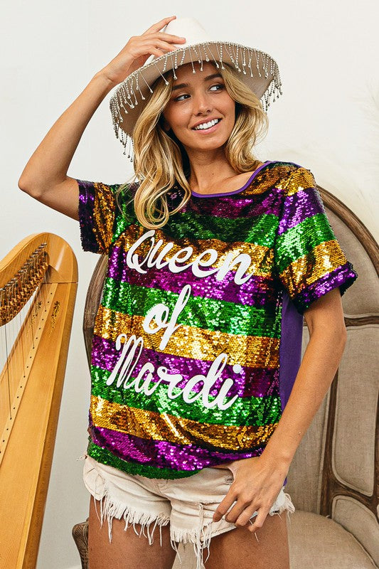 Queen of Mardi Printed Stripe Sequins T-shirt